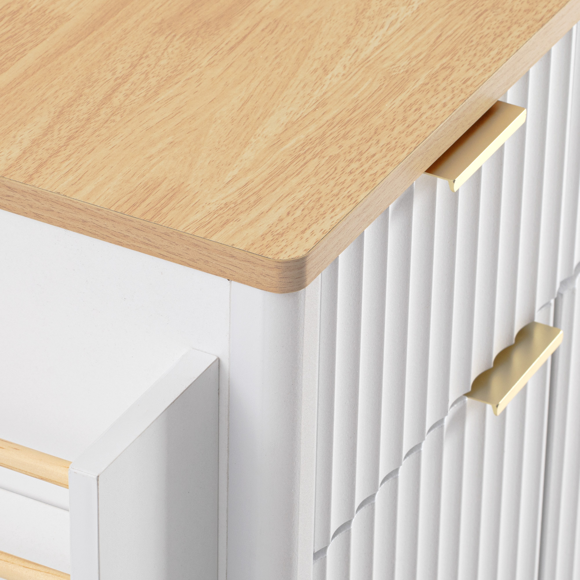 K&K Fluted Kitchen Island with Storage, 55.5" Kitchen Island with Drop Leaf, Power Outlet, 4 Doors and 3 Drawers, Rolling Island Table with Wood-grain Top, Curved Edge for Kitchen,Dining Room White - Image 6