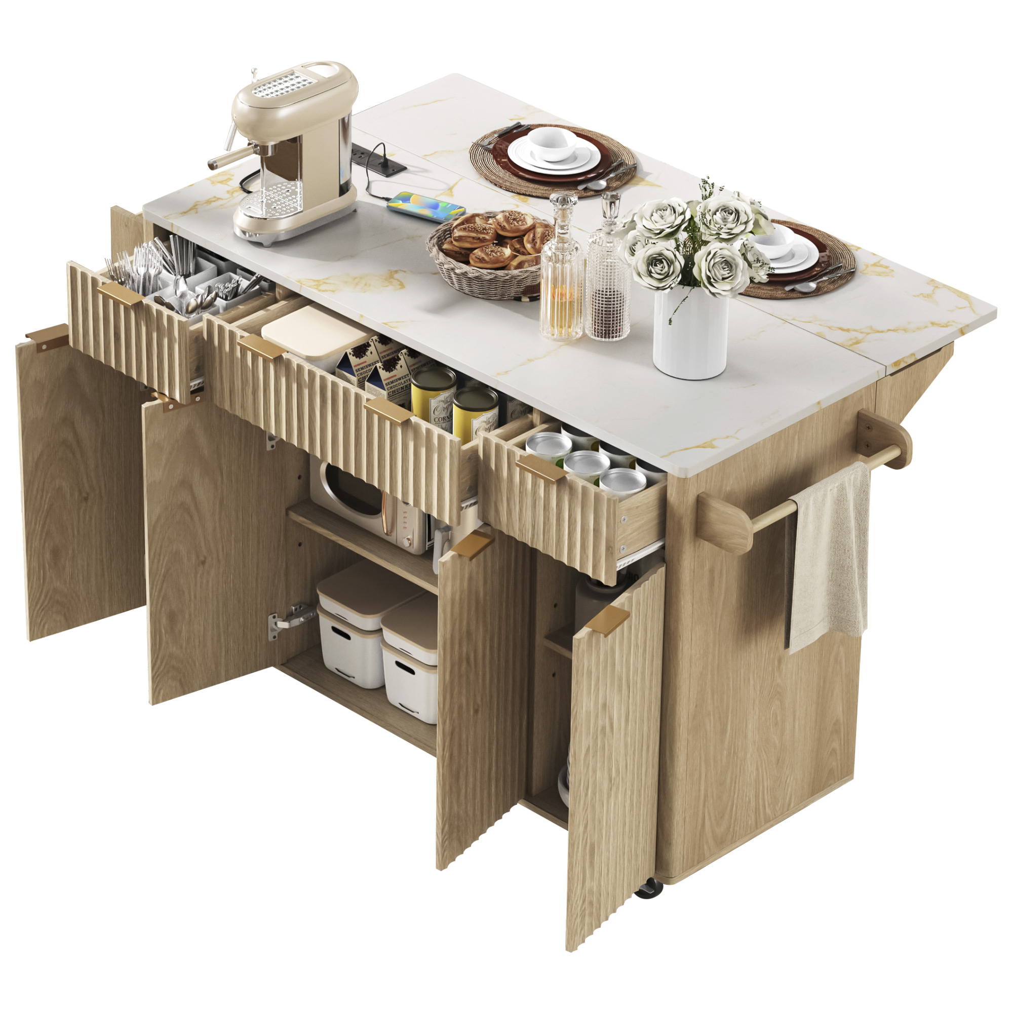 K&K Fluted Kitchen Island with Storage, 55.5" Kitchen Island with Drop Leaf, Power Outlet, 4 Doors and 3 Drawers, Rolling Island Table with Faux Marble Top, Curved Edge for Kitchen,Dining Room Natural - Image 2