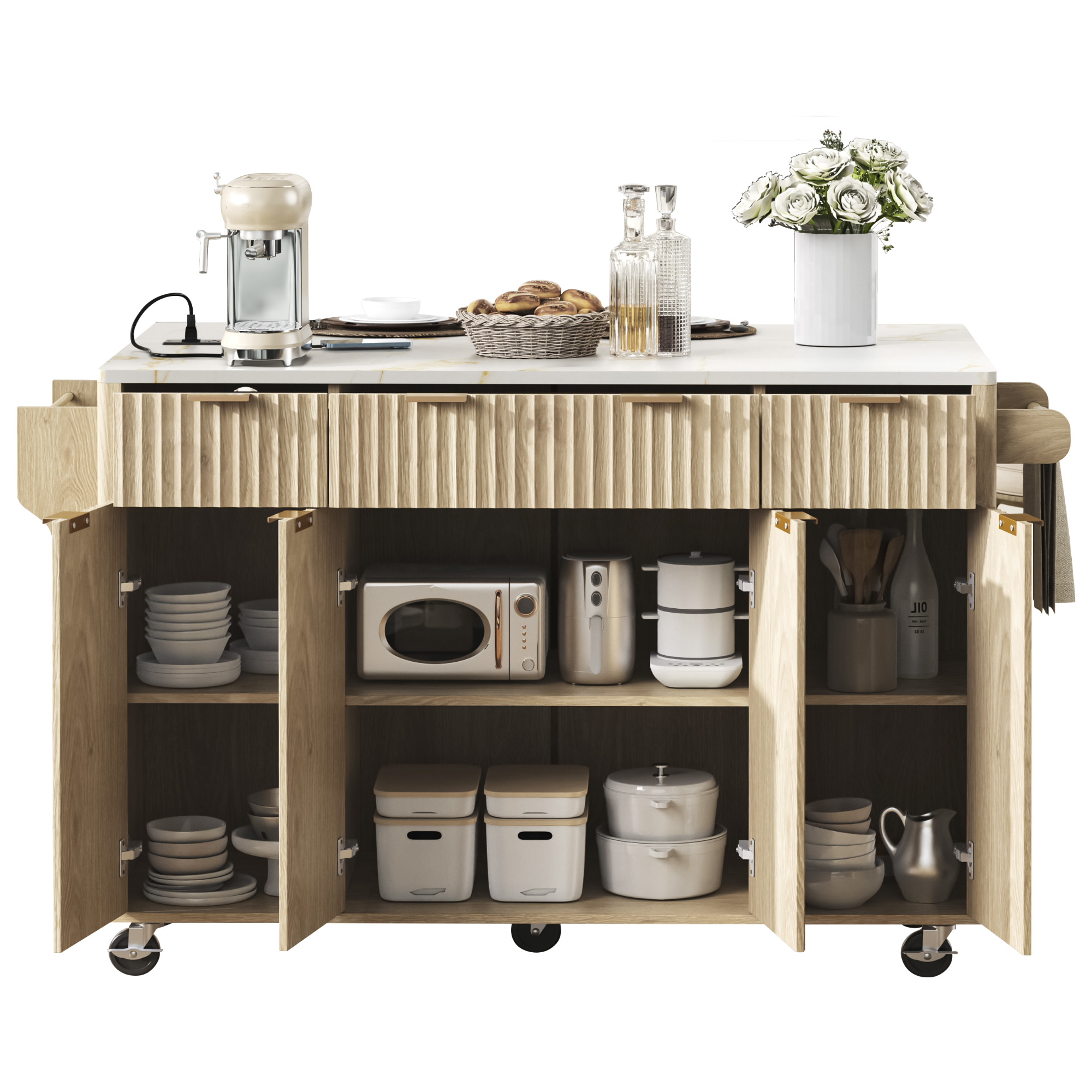 K&K Fluted Kitchen Island with Storage, 55.5" Kitchen Island with Drop Leaf, Power Outlet, 4 Doors and 3 Drawers, Rolling Island Table with Faux Marble Top, Curved Edge for Kitchen,Dining Room Natural - Image 3