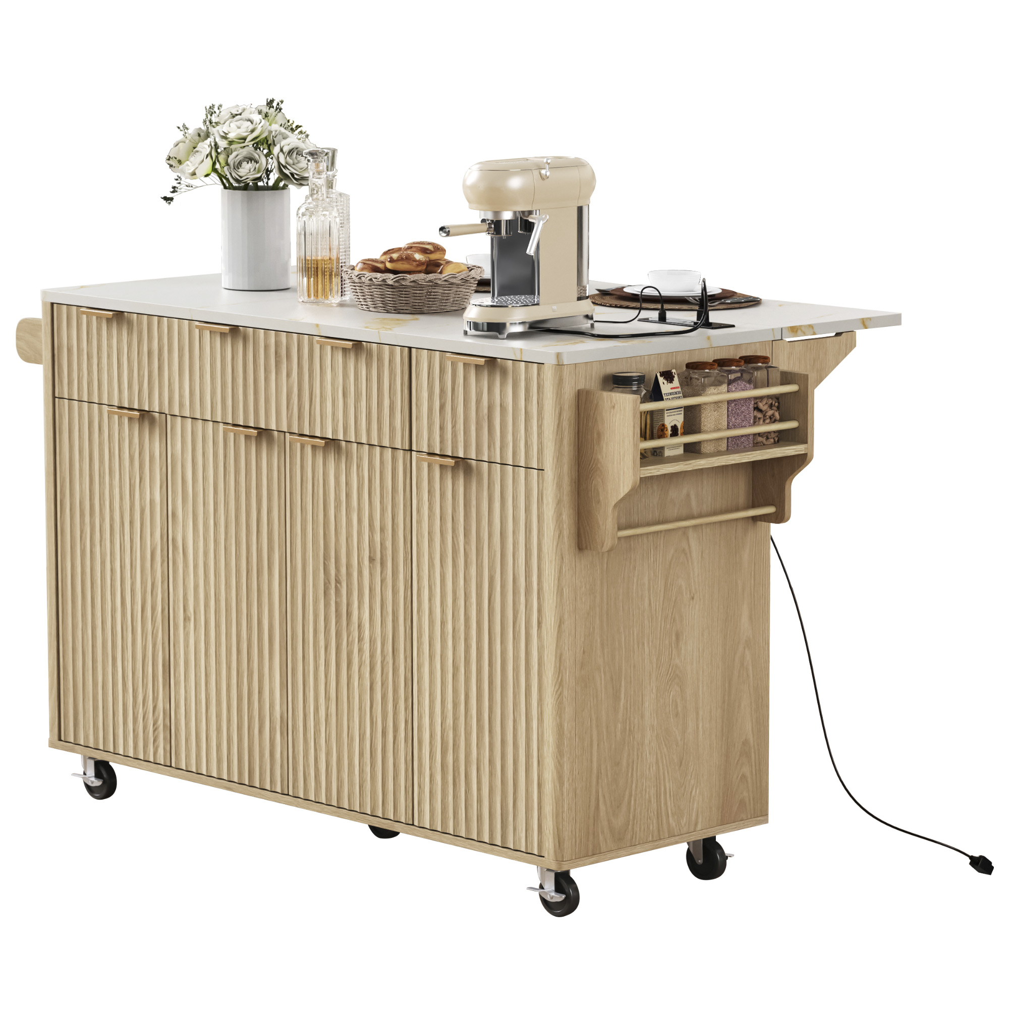 K&K Fluted Kitchen Island with Storage, 55.5" Kitchen Island with Drop Leaf, Power Outlet, 4 Doors and 3 Drawers, Rolling Island Table with Faux Marble Top, Curved Edge for Kitchen,Dining Room Natural - Image 4