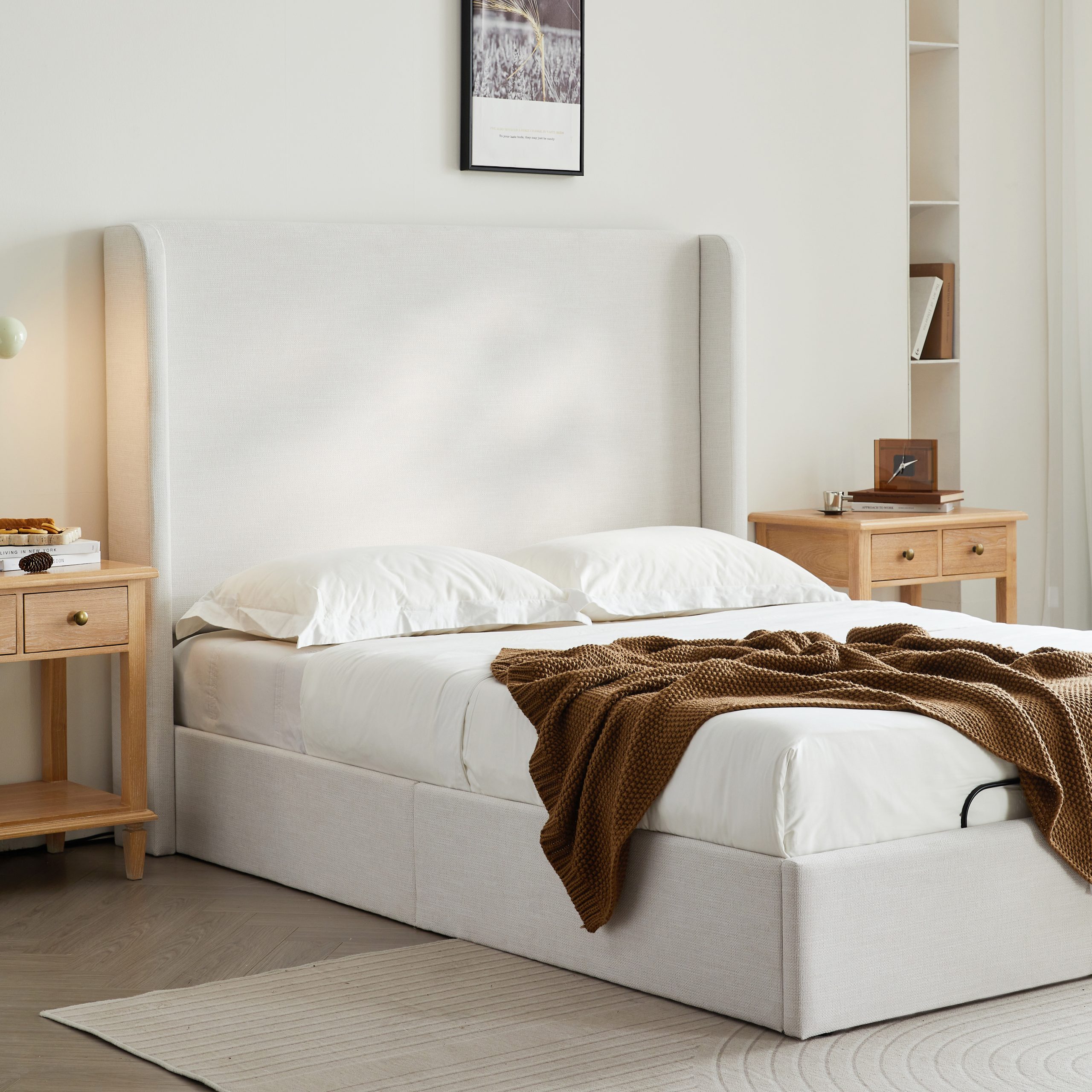 Caron Upholstered Wingback Bed with Adjustable Base Bundle Set, Queen Size / Textured Ivory Canvas Chenille, Head & Foot Incline, Zero Gravity, Massage, App & Remote Control, Easy Assembly, No-Noise - Image 3
