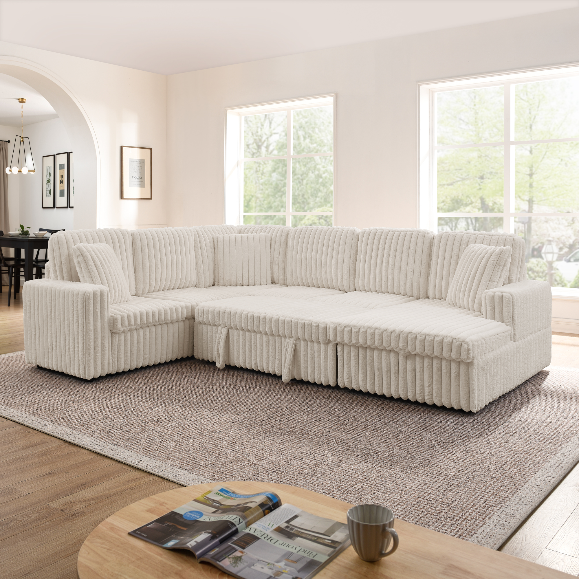 Corduroy Striped Upholstered Sofa, Modern Minimalist U-shaped combination sofa, Pull - out Bed & Storage Chaise, Seat Soft Couch - Beige(Assembly is required) - Image 2