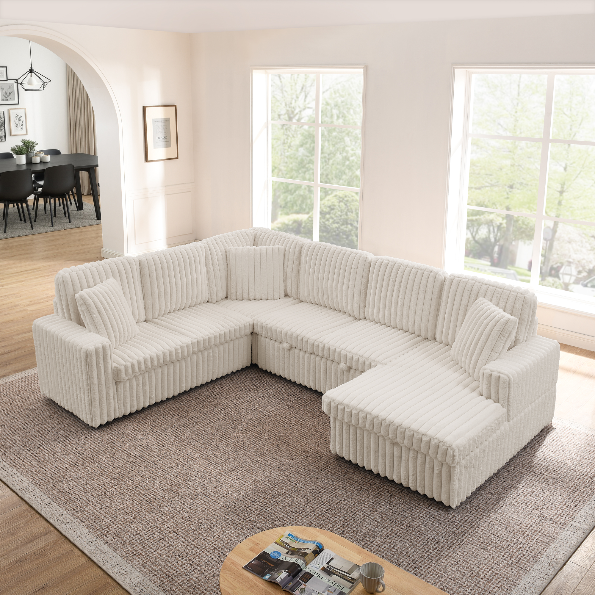 Corduroy Striped Upholstered Sofa, Modern Minimalist U-shaped combination sofa, Pull - out Bed & Storage Chaise, Seat Soft Couch - Beige(Assembly is required) - Image 3