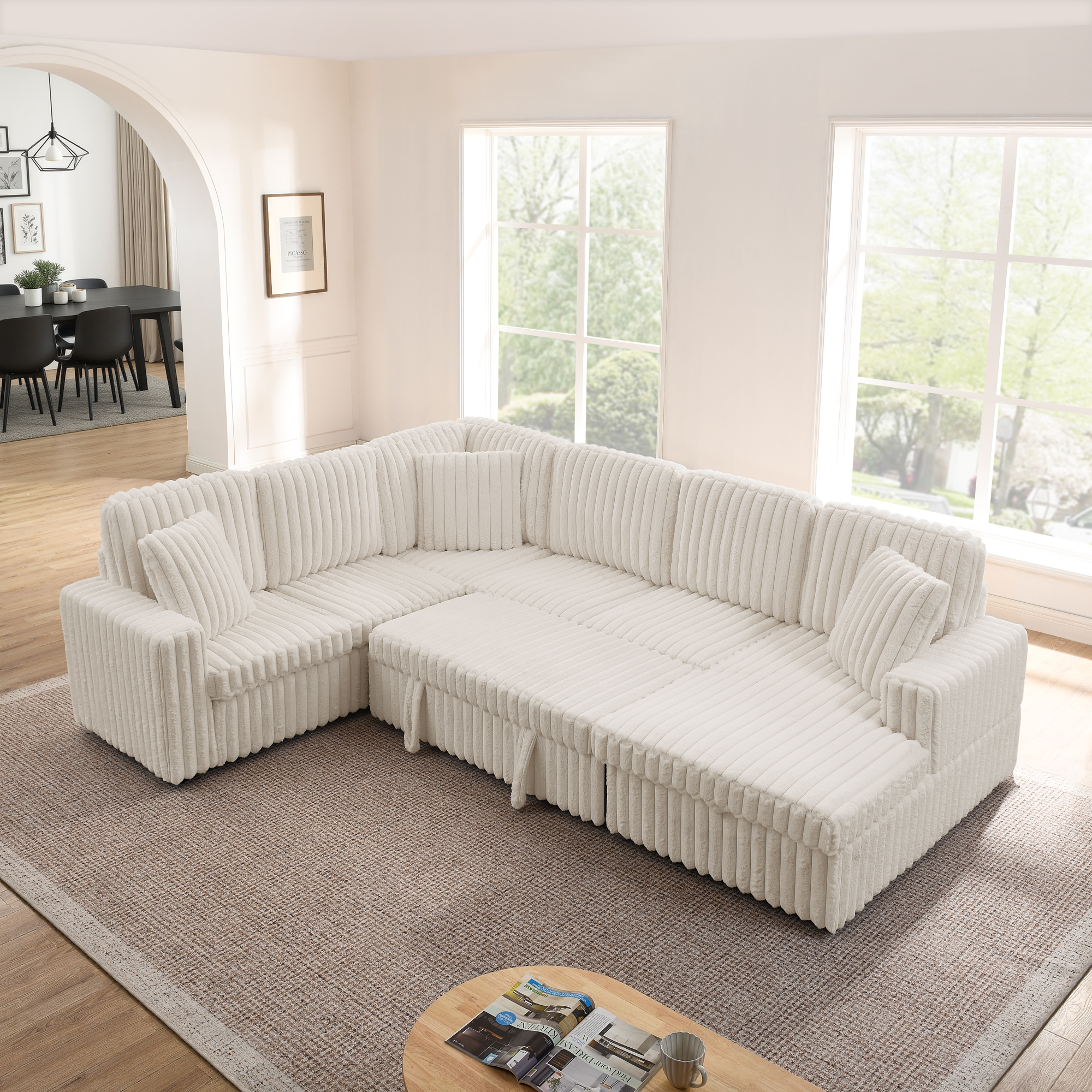 Corduroy Striped Upholstered Sofa, Modern Minimalist U-shaped combination sofa, Pull - out Bed & Storage Chaise, Seat Soft Couch - Beige(Assembly is required) - Image 4