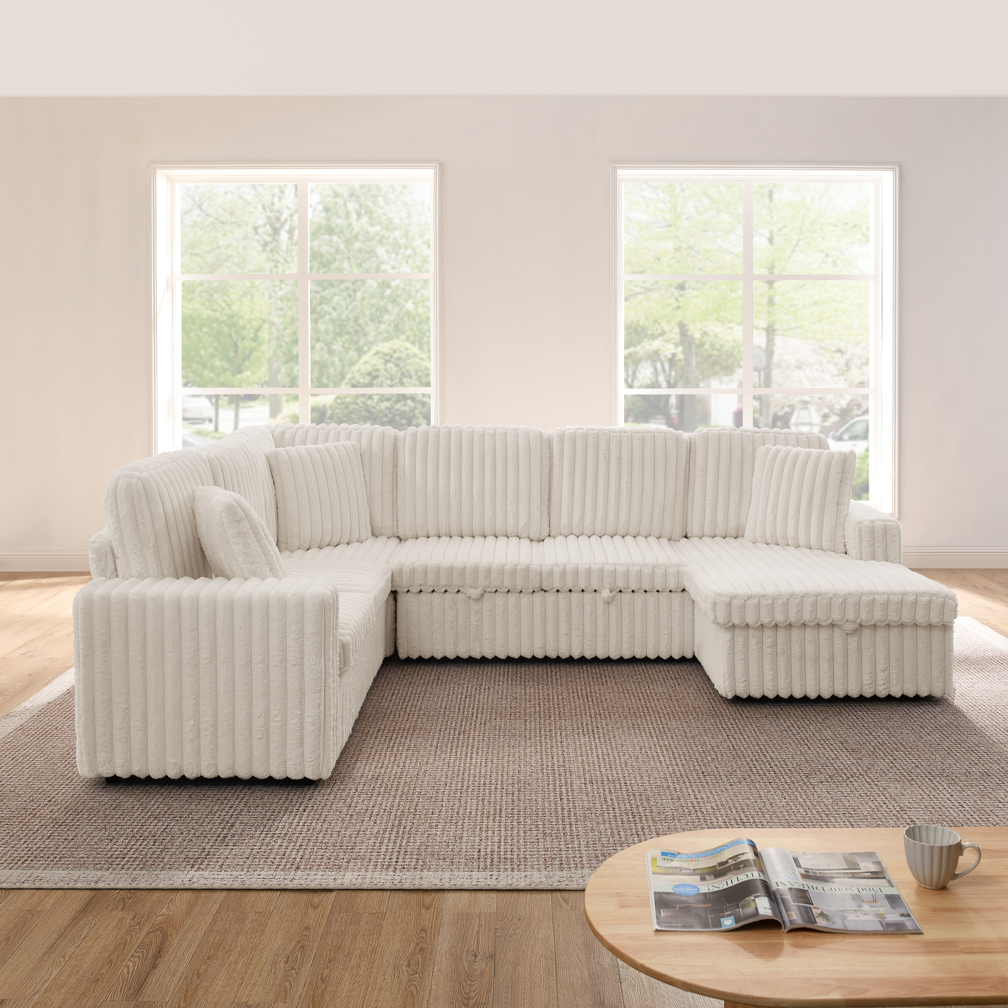 Corduroy Striped Upholstered Sofa, Modern Minimalist U-shaped combination sofa, Pull - out Bed & Storage Chaise, Seat Soft Couch - Beige(Assembly is required) - Image 5