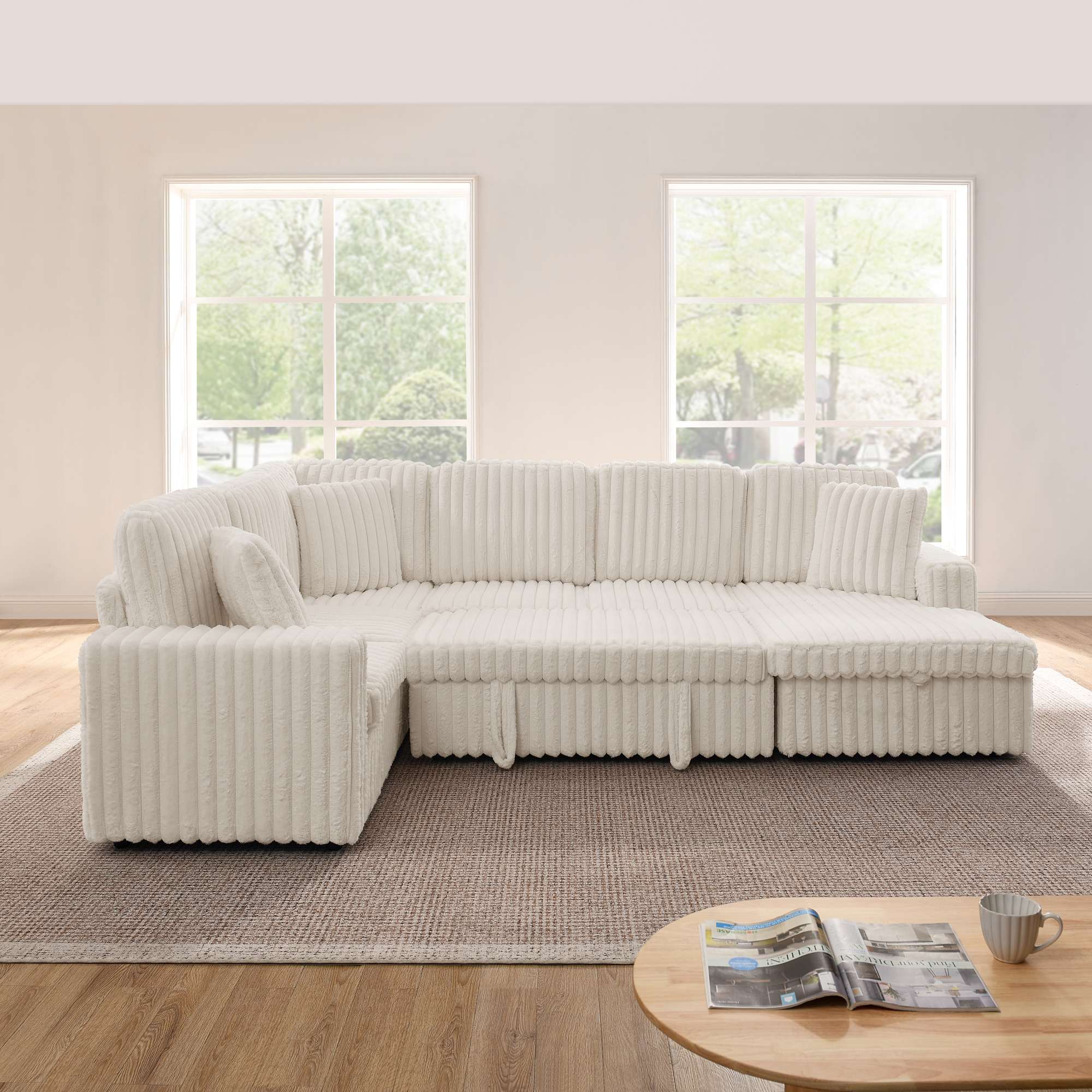 Corduroy Striped Upholstered Sofa, Modern Minimalist U-shaped combination sofa, Pull - out Bed & Storage Chaise, Seat Soft Couch - Beige(Assembly is required) - Image 6