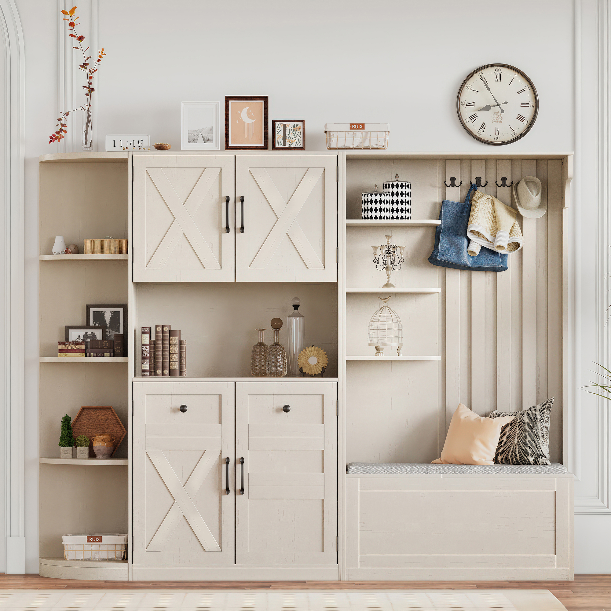 Multifunctional left-right combination hall cabinet (can be used separately) with storage and 4 hooks, storage cabinet/ hall tree 2 in 1 for living room, kitchen and hallway,antique Beige