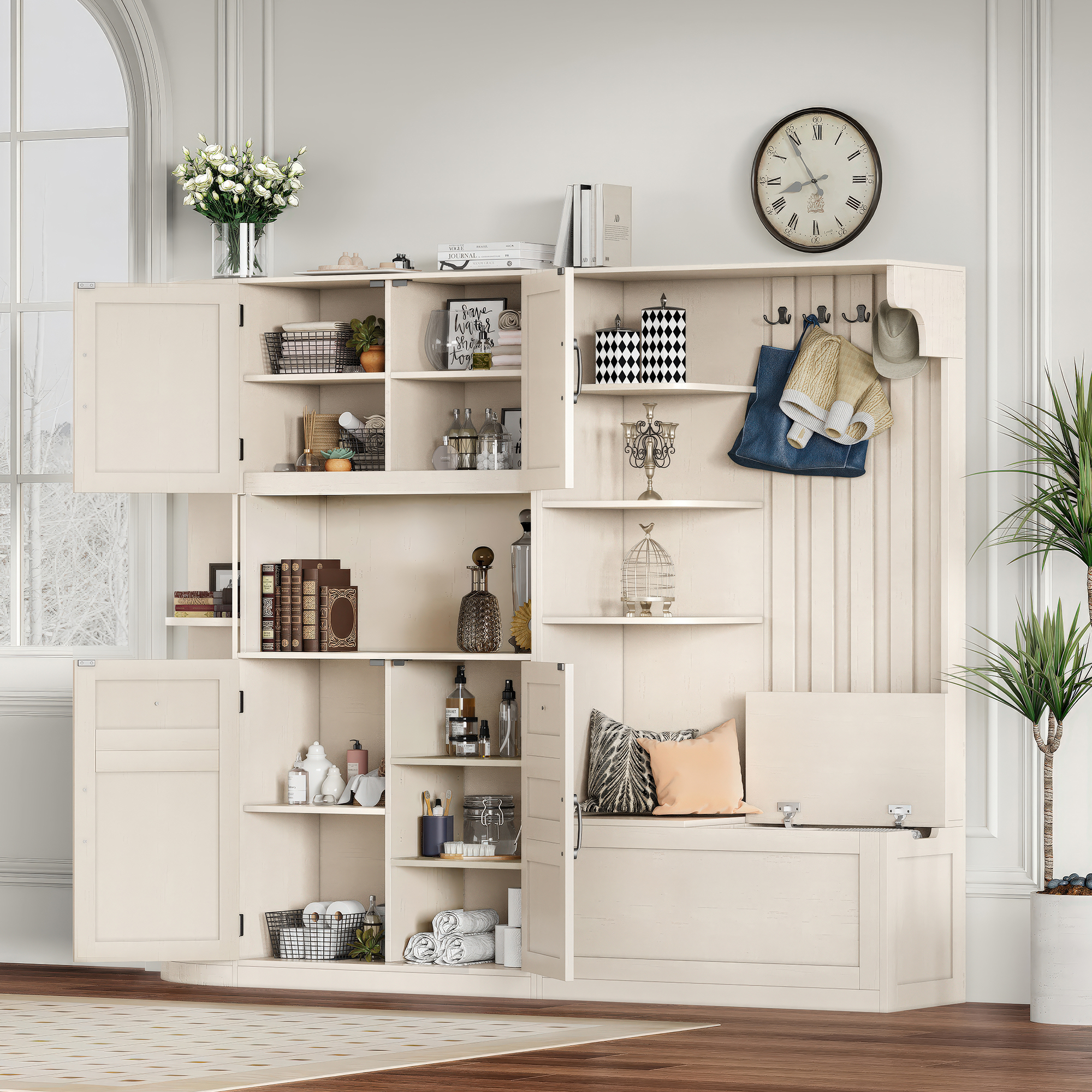 Multifunctional left-right combination hall cabinet (can be used separately) with storage and 4 hooks, storage cabinet/ hall tree 2 in 1 for living room, kitchen and hallway,antique Beige - Image 2