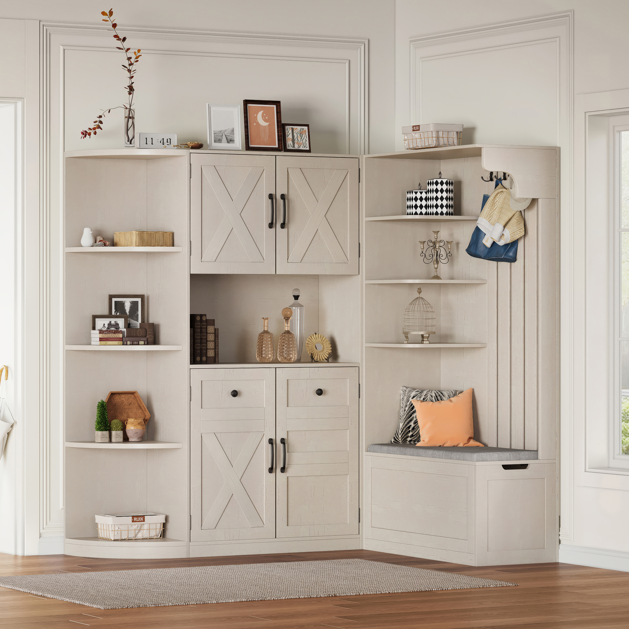 Multifunctional left-right combination hall cabinet (can be used separately) with storage and 4 hooks, storage cabinet/ hall tree 2 in 1 for living room, kitchen and hallway,antique Beige - Image 3