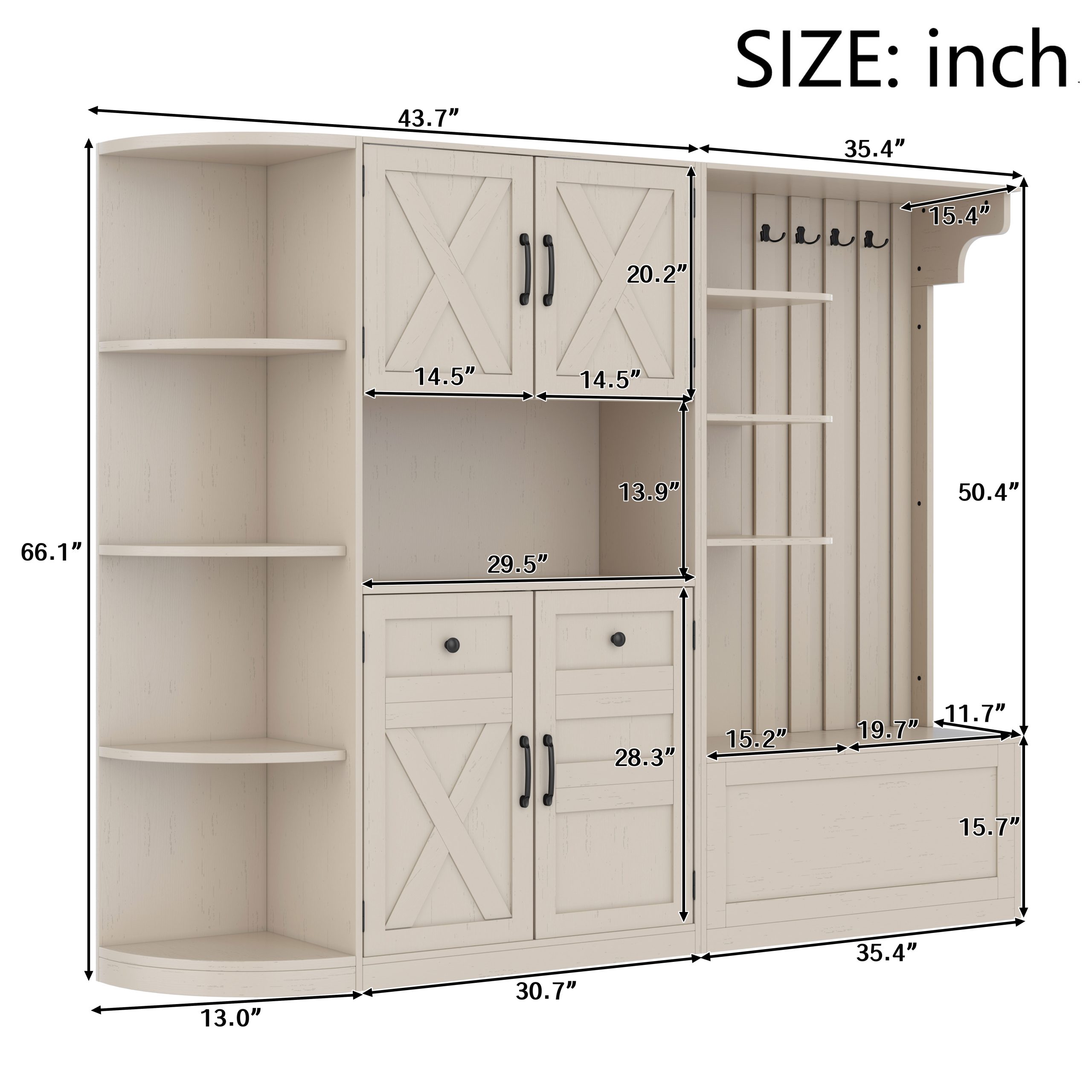 Multifunctional left-right combination hall cabinet (can be used separately) with storage and 4 hooks, storage cabinet/ hall tree 2 in 1 for living room, kitchen and hallway,antique Beige - Image 4