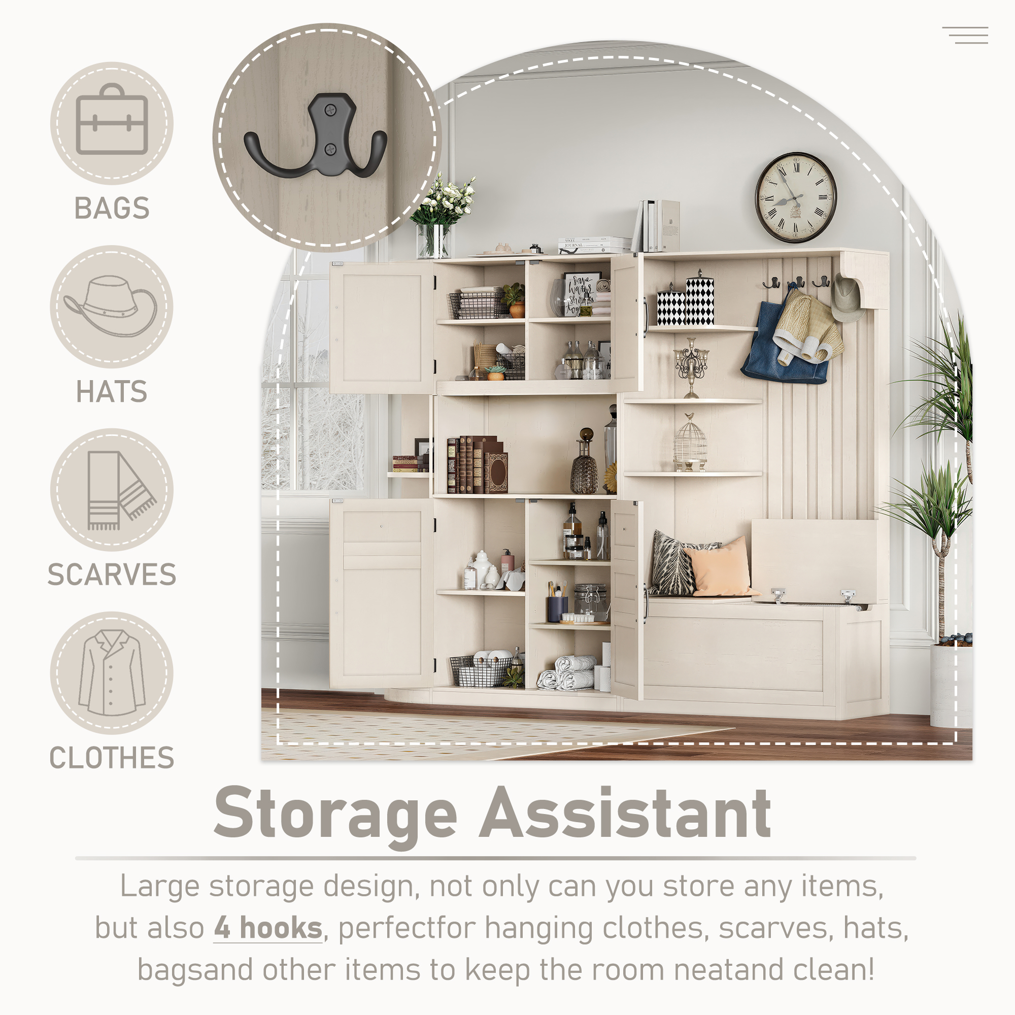Multifunctional left-right combination hall cabinet (can be used separately) with storage and 4 hooks, storage cabinet/ hall tree 2 in 1 for living room, kitchen and hallway,antique Beige - Image 5