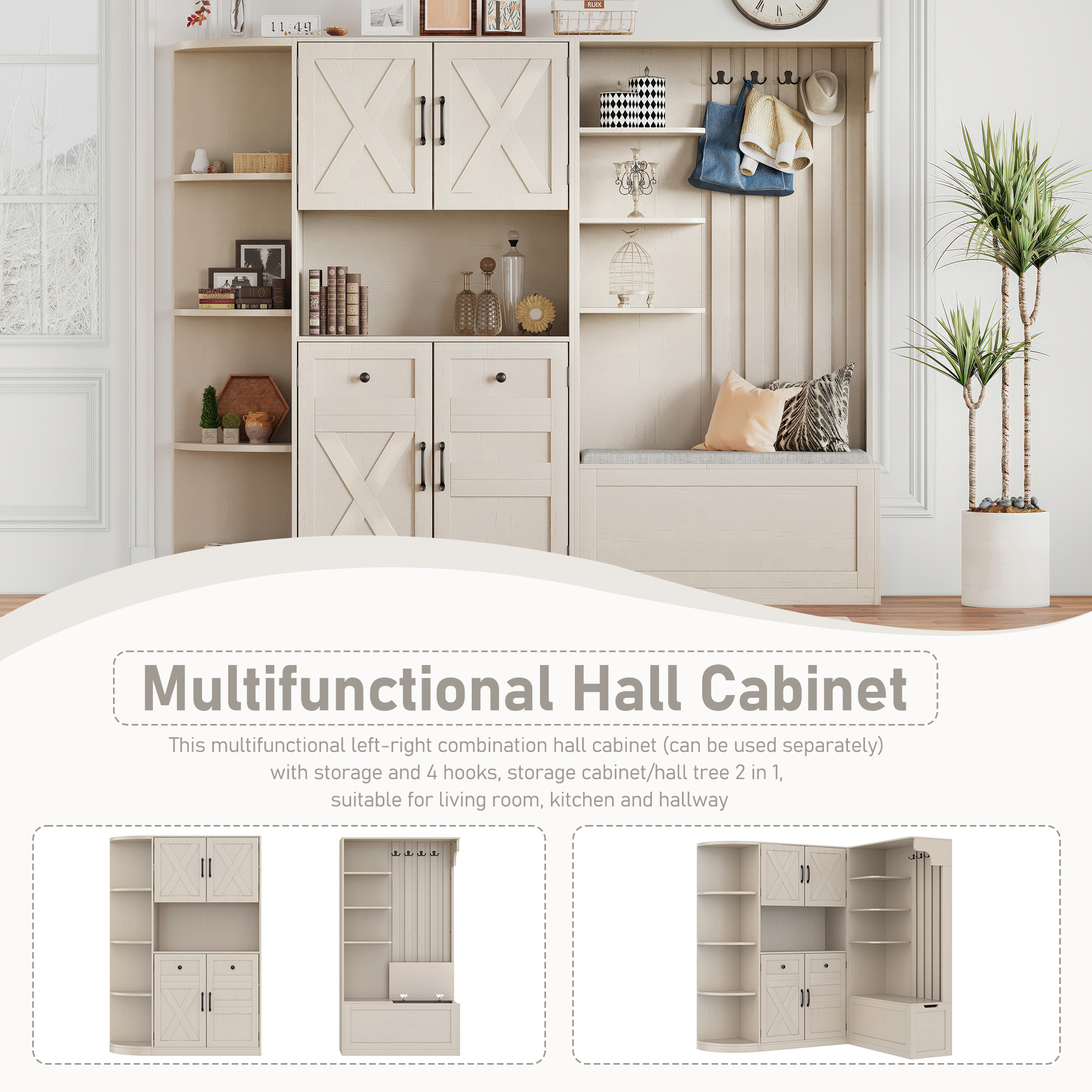 Multifunctional left-right combination hall cabinet (can be used separately) with storage and 4 hooks, storage cabinet/ hall tree 2 in 1 for living room, kitchen and hallway,antique Beige - Image 6