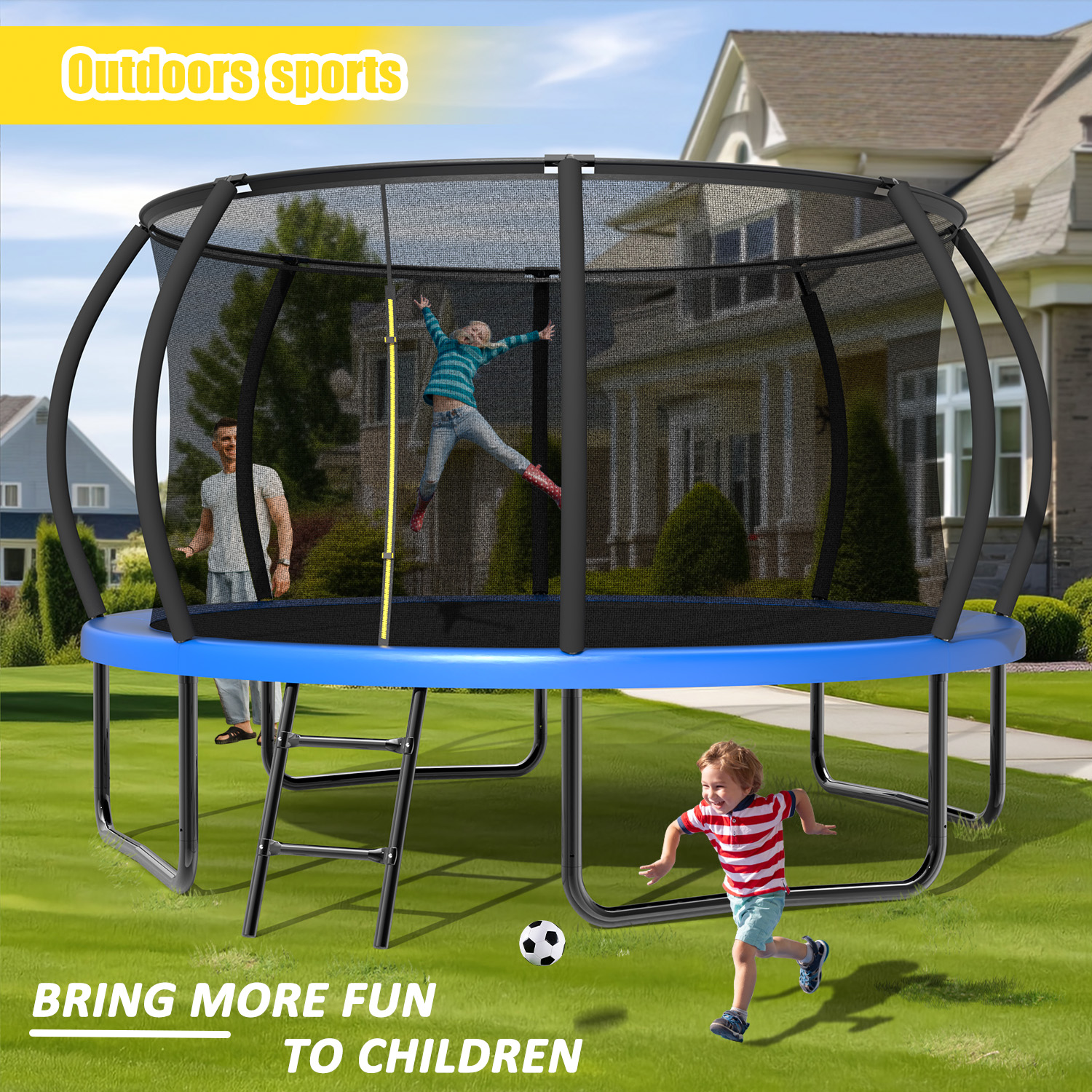 12FT Recreational Kids Trampoline with Safety Enclosure Net & Ladder, Outdoor Recreational Trampolines - Image 3