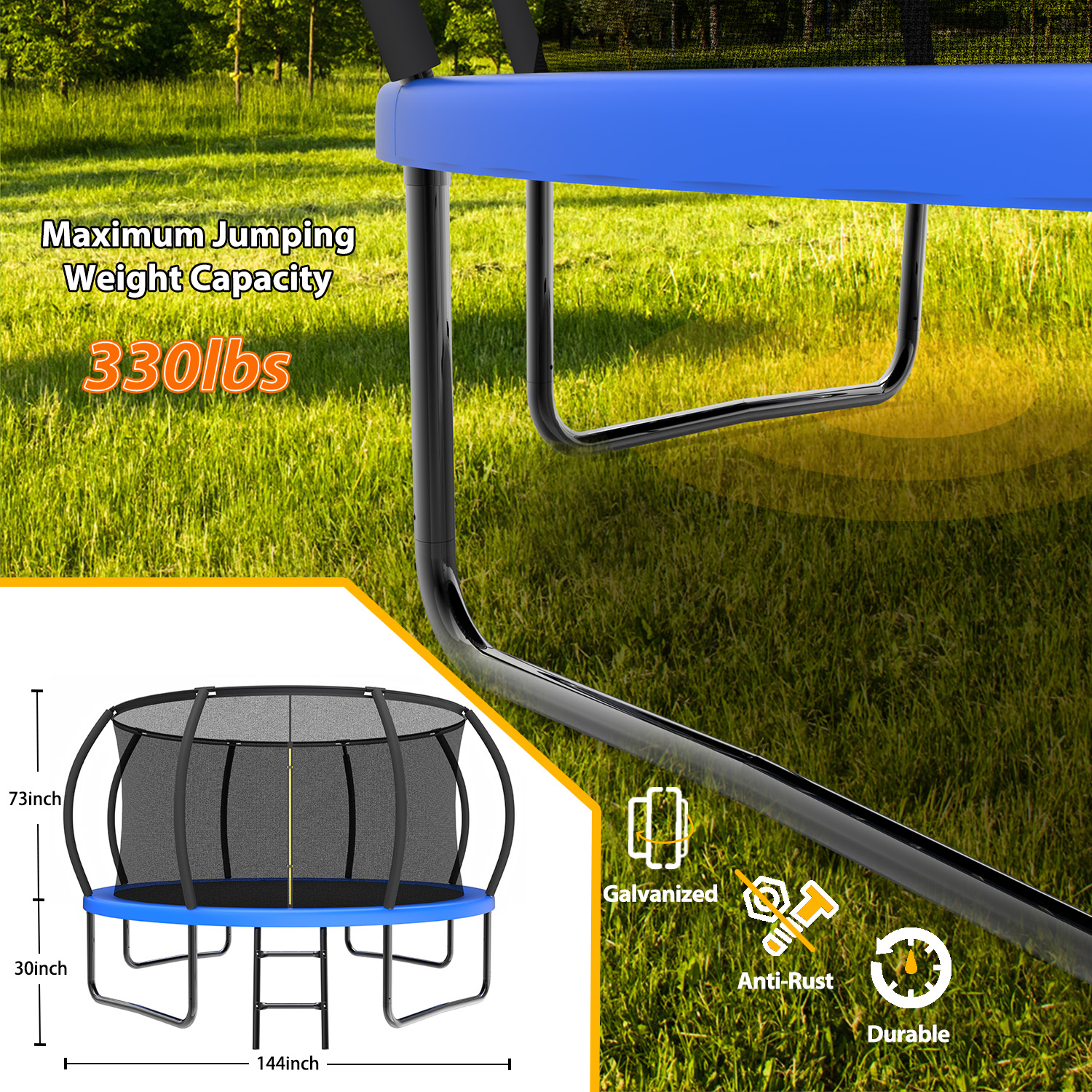 12FT Recreational Kids Trampoline with Safety Enclosure Net & Ladder, Outdoor Recreational Trampolines - Image 2