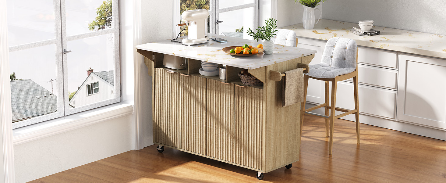 K&K 55.5" Fluted Kitchen Island with 2 Drop Leaf, Kitchen Storage Cart with Power Outlet, 4 Doors, Spice rack, Rolling Island Table with Faux Marble Top, Curved Edge for Kitchen, Dining Room,Natural - Image 3
