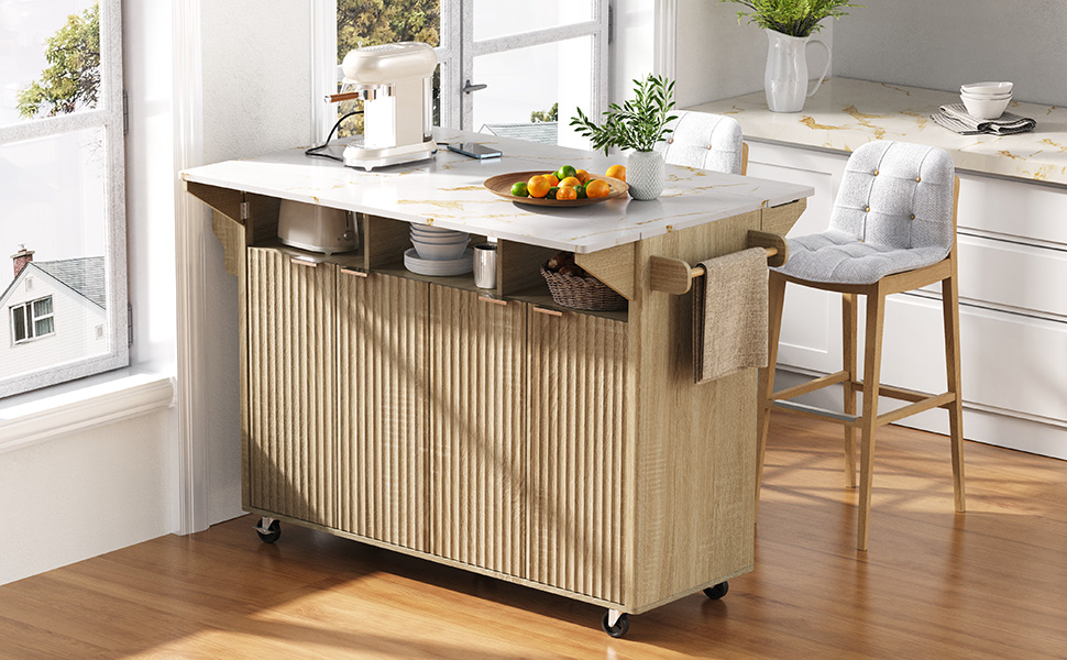K&K 55.5" Fluted Kitchen Island with 2 Drop Leaf, Kitchen Storage Cart with Power Outlet, 4 Doors, Spice rack, Rolling Island Table with Faux Marble Top, Curved Edge for Kitchen, Dining Room,Natural - Image 2