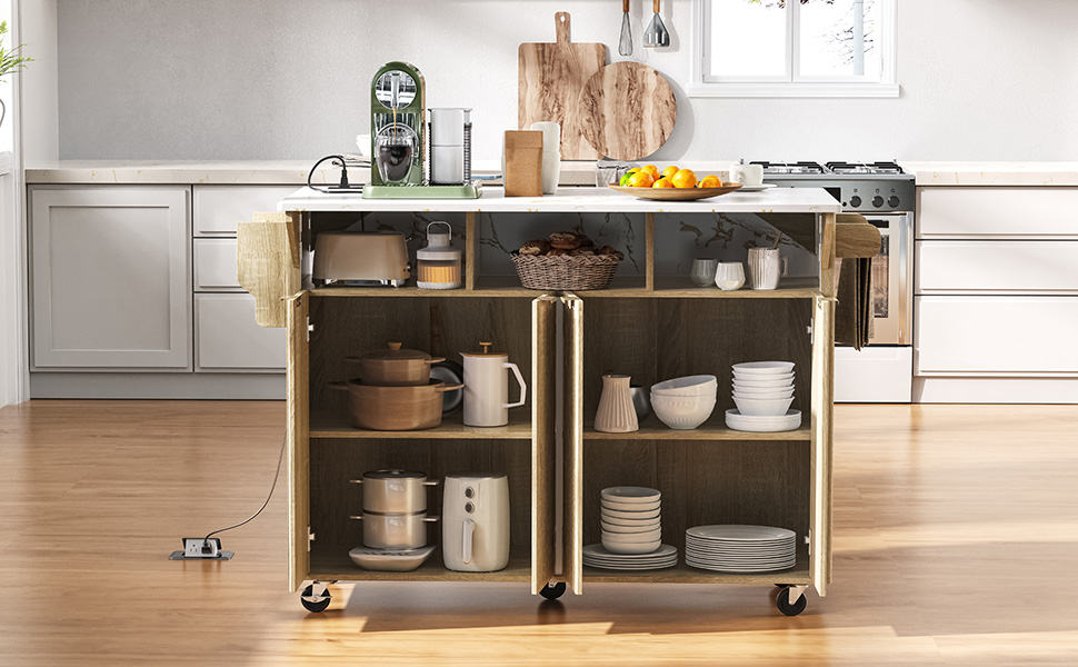 K&K 55.5" Fluted Kitchen Island with 2 Drop Leaf, Kitchen Storage Cart with Power Outlet, 4 Doors, Spice rack, Rolling Island Table with Faux Marble Top, Curved Edge for Kitchen, Dining Room,Natural - Image 4