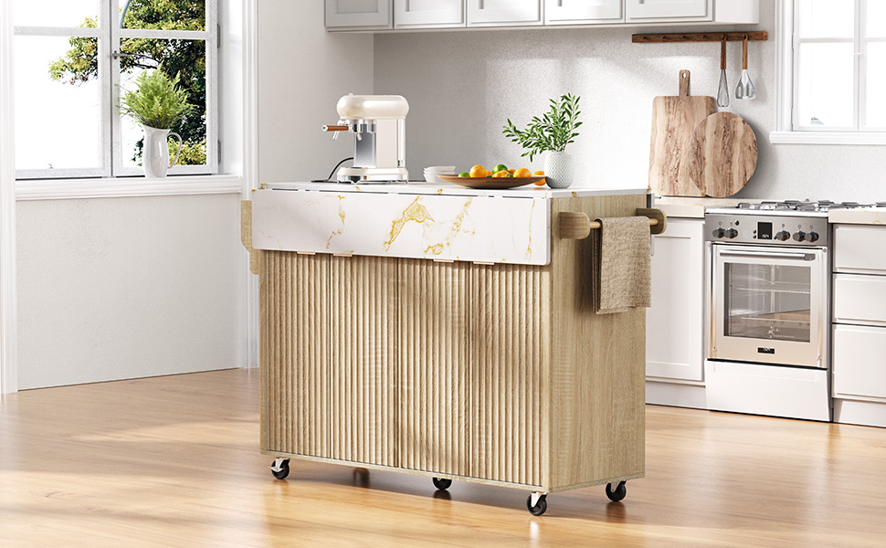 K&K 55.5" Fluted Kitchen Island with 2 Drop Leaf, Kitchen Storage Cart with Power Outlet, 4 Doors, Spice rack, Rolling Island Table with Faux Marble Top, Curved Edge for Kitchen, Dining Room,Natural - Image 5