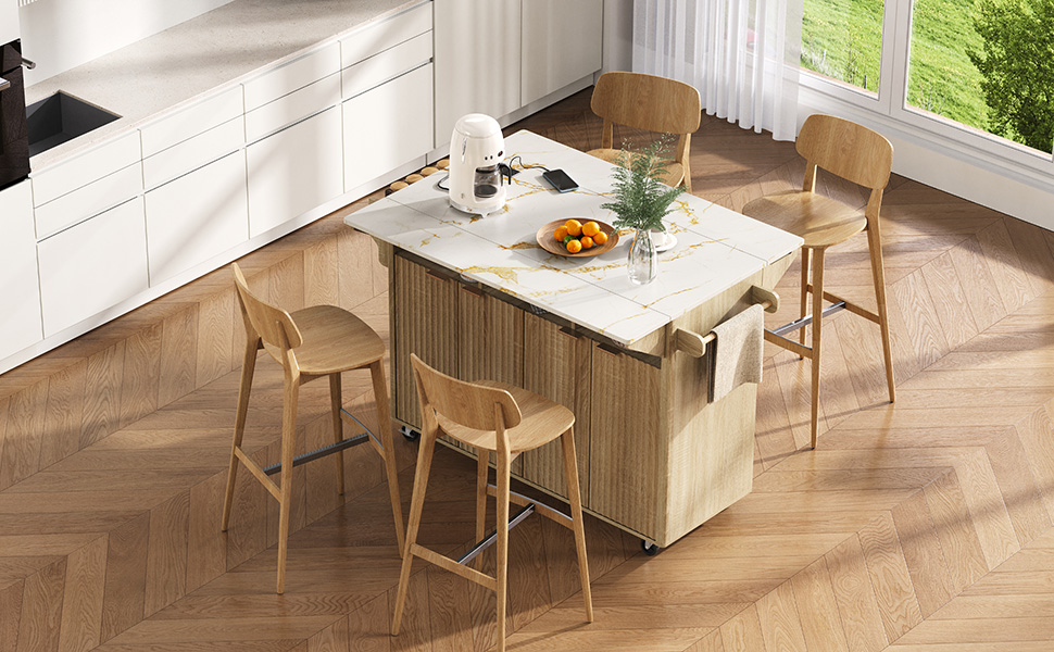 K&K 55.5" Fluted Kitchen Island with 2 Drop Leaf, Kitchen Storage Cart with Power Outlet, 4 Doors, Spice rack, Rolling Island Table with Faux Marble Top, Curved Edge for Kitchen, Dining Room,Natural - Image 6
