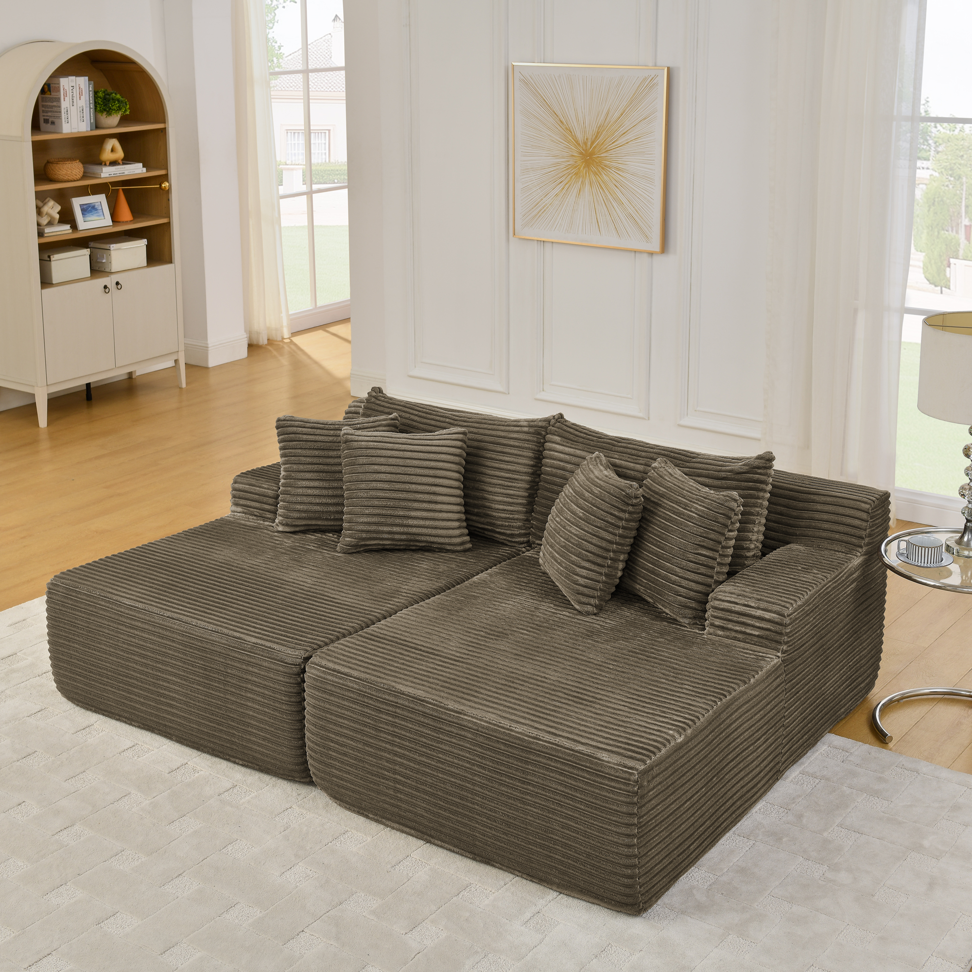 Two-seater lazy sofa lounge chair,Compressed sofa no assembly required, made of velvet fabric, fluffy modern lounge chair, used for indoor living rooms and bedrooms-Brown - Image 2