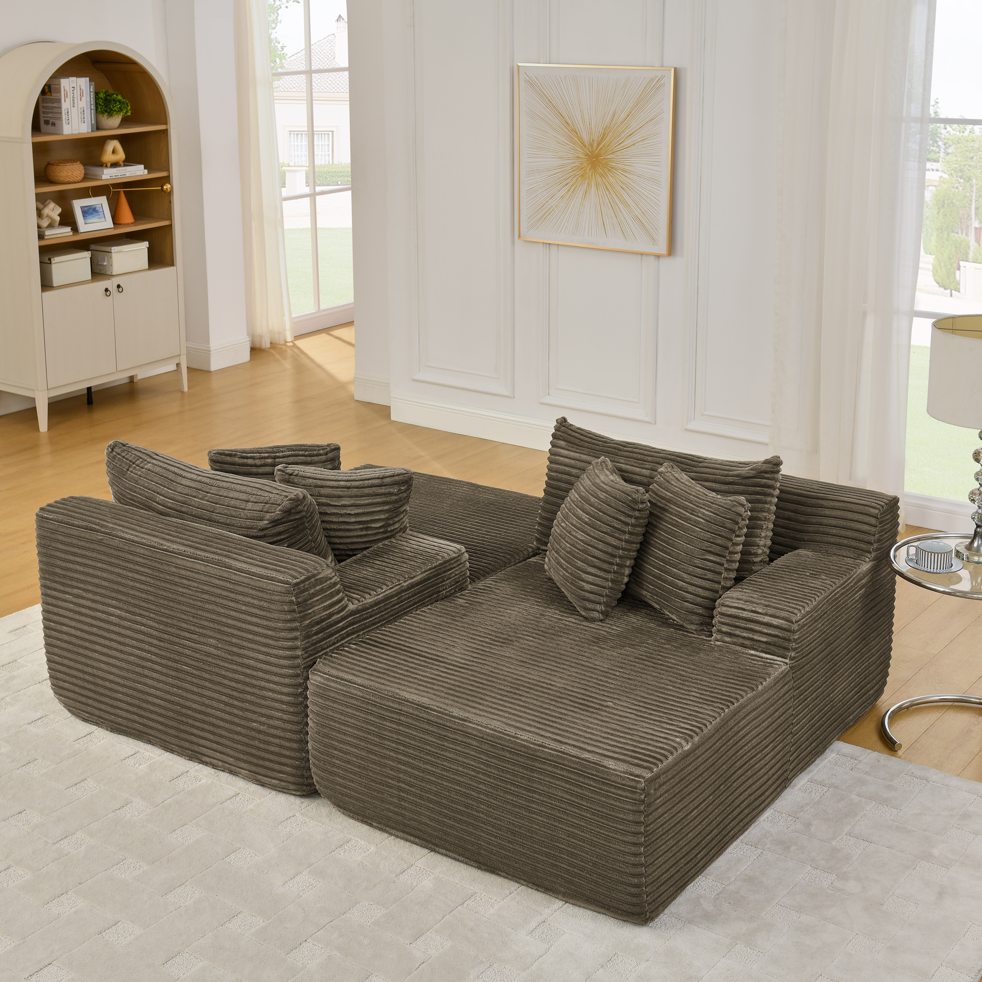 Two-seater lazy sofa lounge chair,Compressed sofa no assembly required, made of velvet fabric, fluffy modern lounge chair, used for indoor living rooms and bedrooms-Brown - Image 4