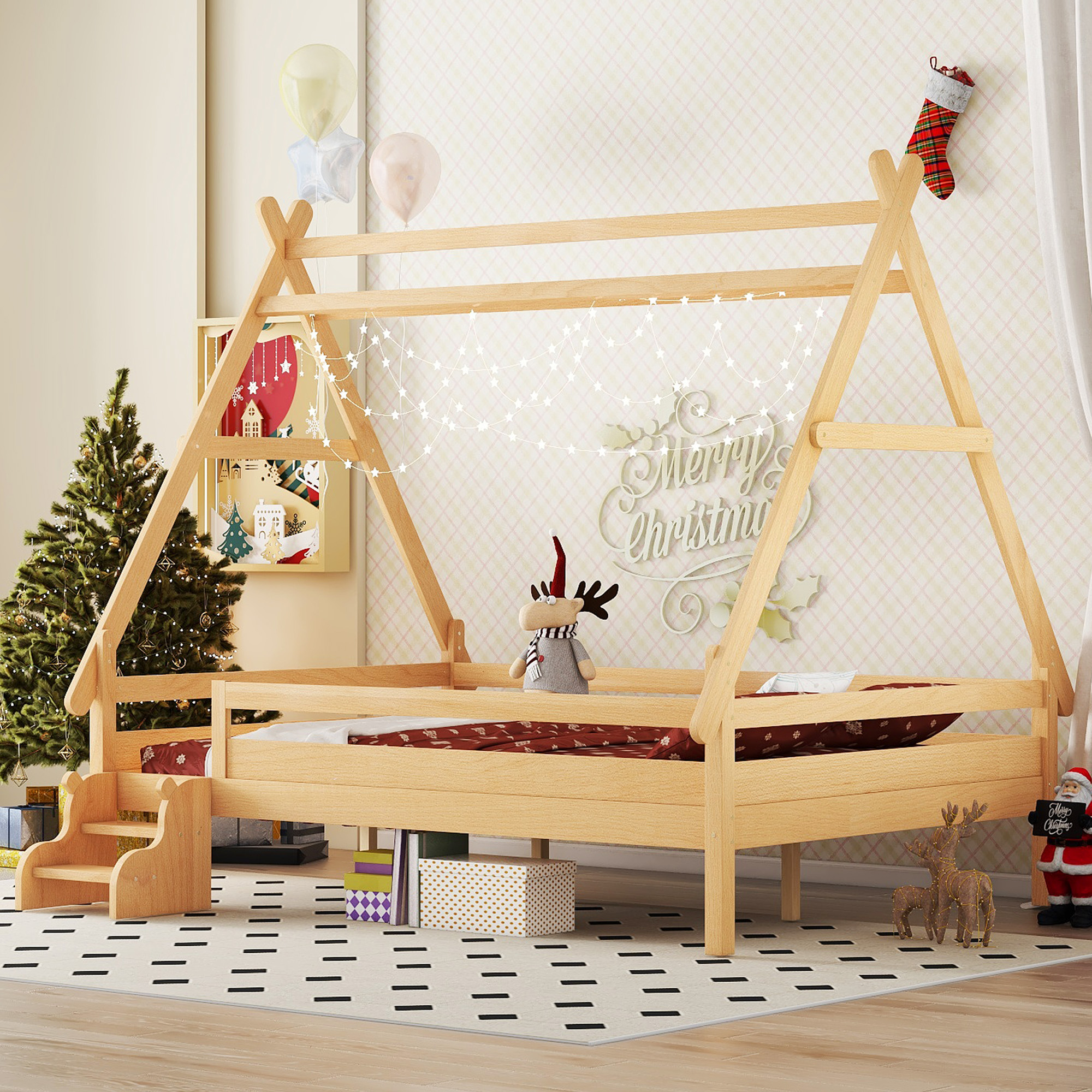 Full House Platform Bed with Stairs, Solid Wood Twin Bed Frame, Low Profile and Childlike Fun Design, Natural - Image 2