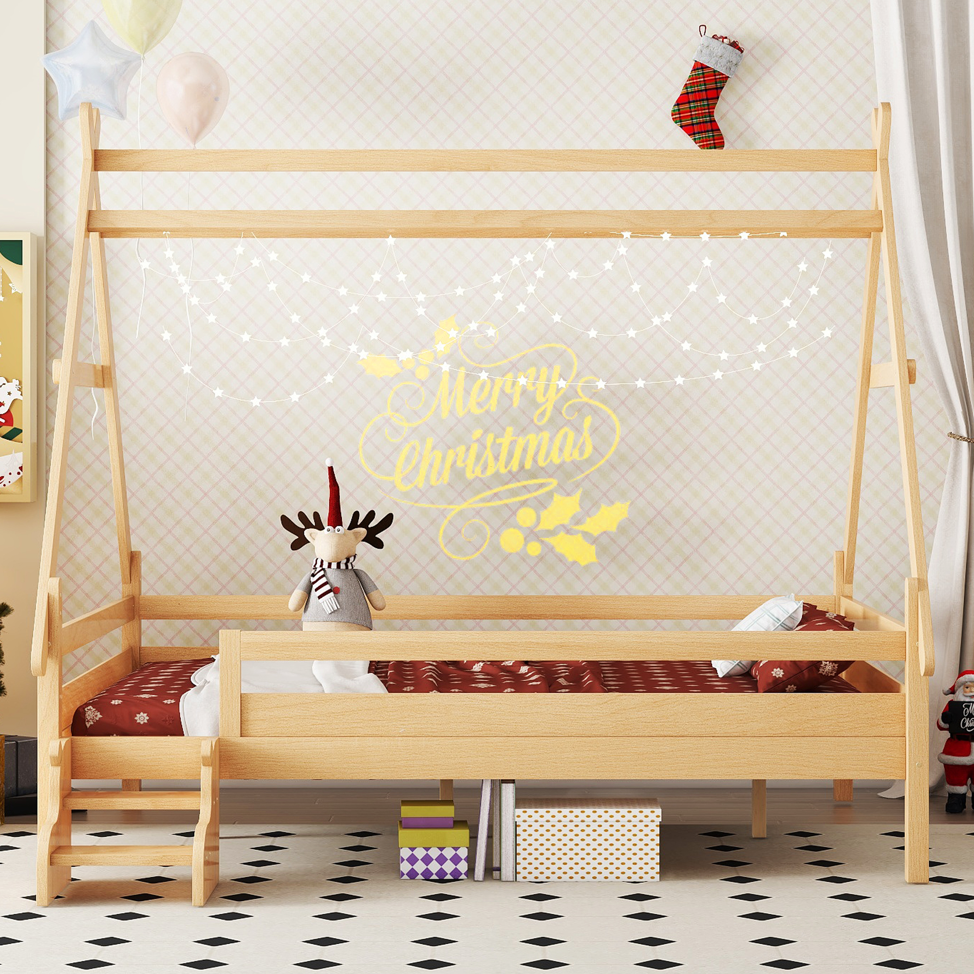 Full House Platform Bed with Stairs, Solid Wood Twin Bed Frame, Low Profile and Childlike Fun Design, Natural - Image 3