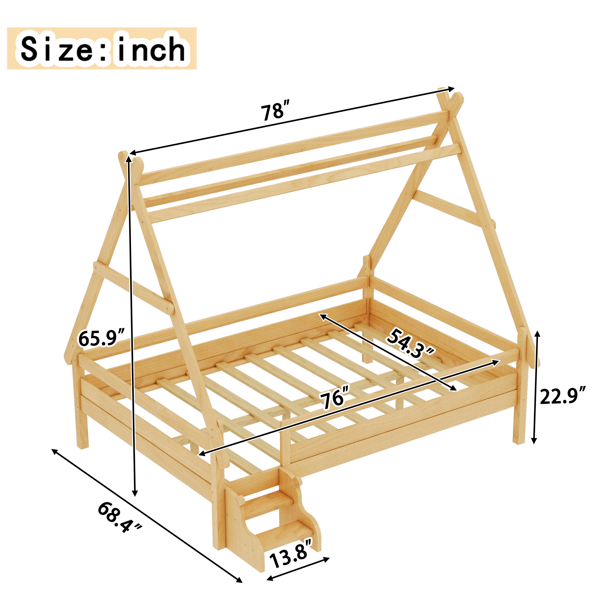 Full House Platform Bed with Stairs, Solid Wood Twin Bed Frame, Low Profile and Childlike Fun Design, Natural - Image 4