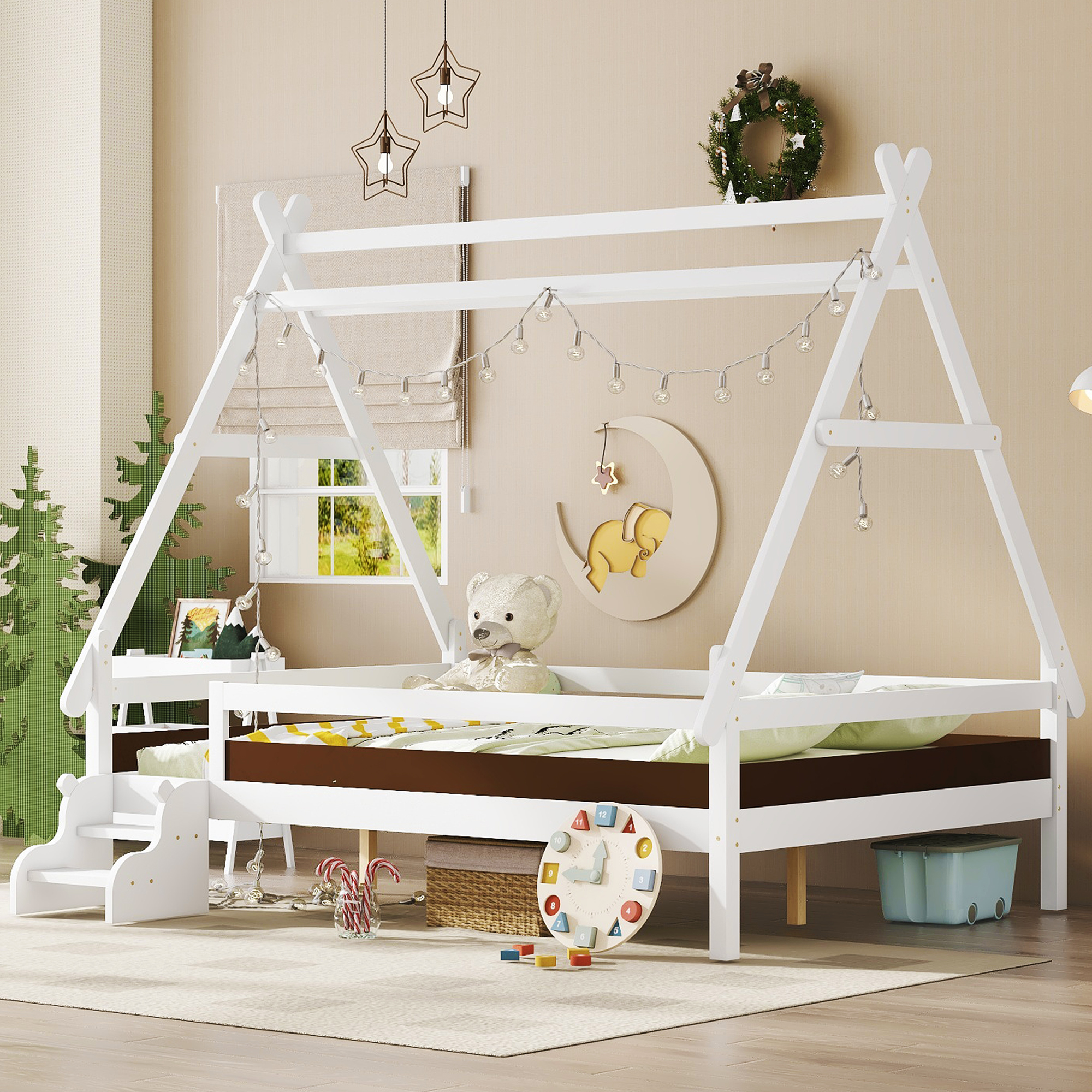 Full House Platform Bed with Stairs, Solid Wood Twin Bed Frame, Low Profile and Childlike Fun Design, White - Image 2