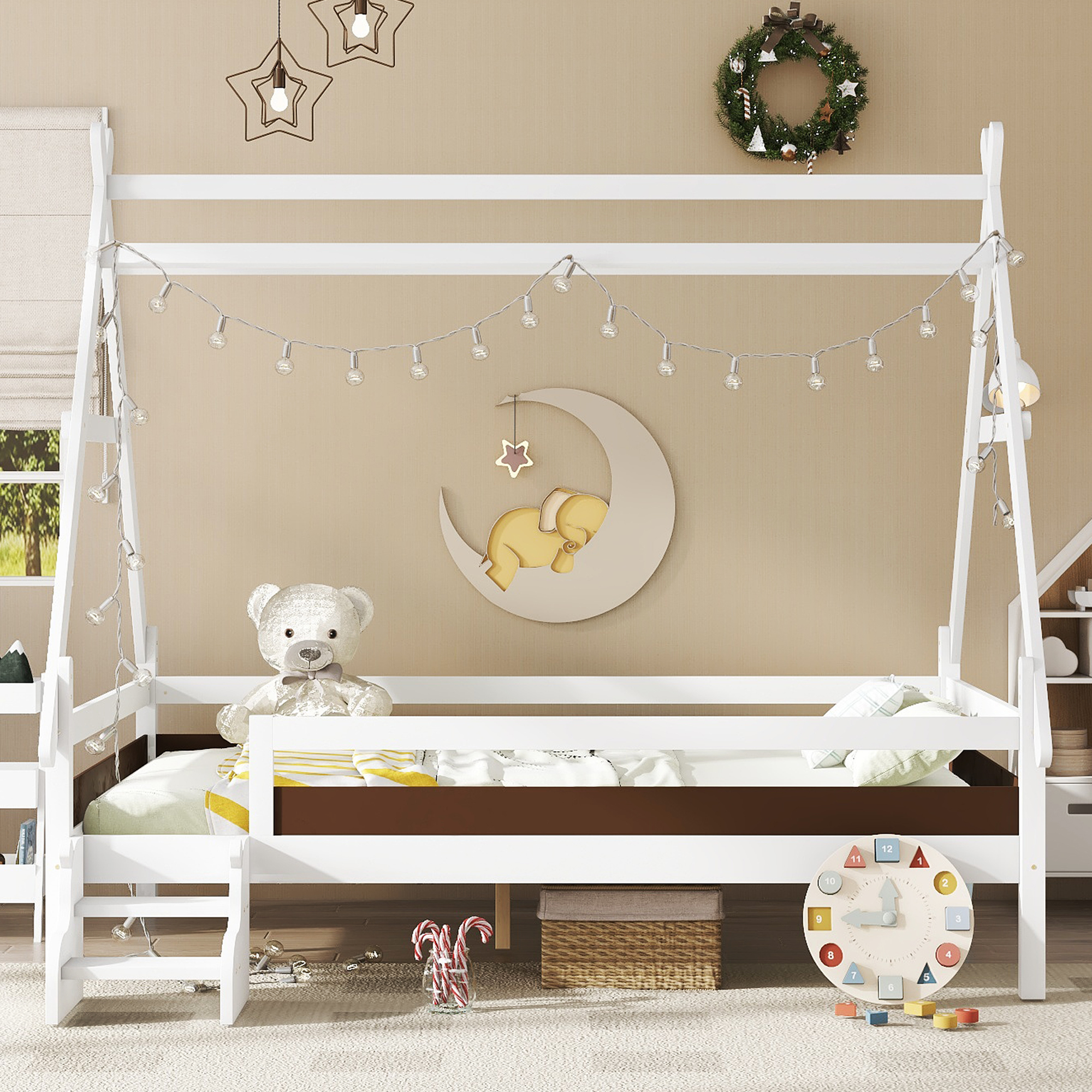Full House Platform Bed with Stairs, Solid Wood Twin Bed Frame, Low Profile and Childlike Fun Design, White - Image 3