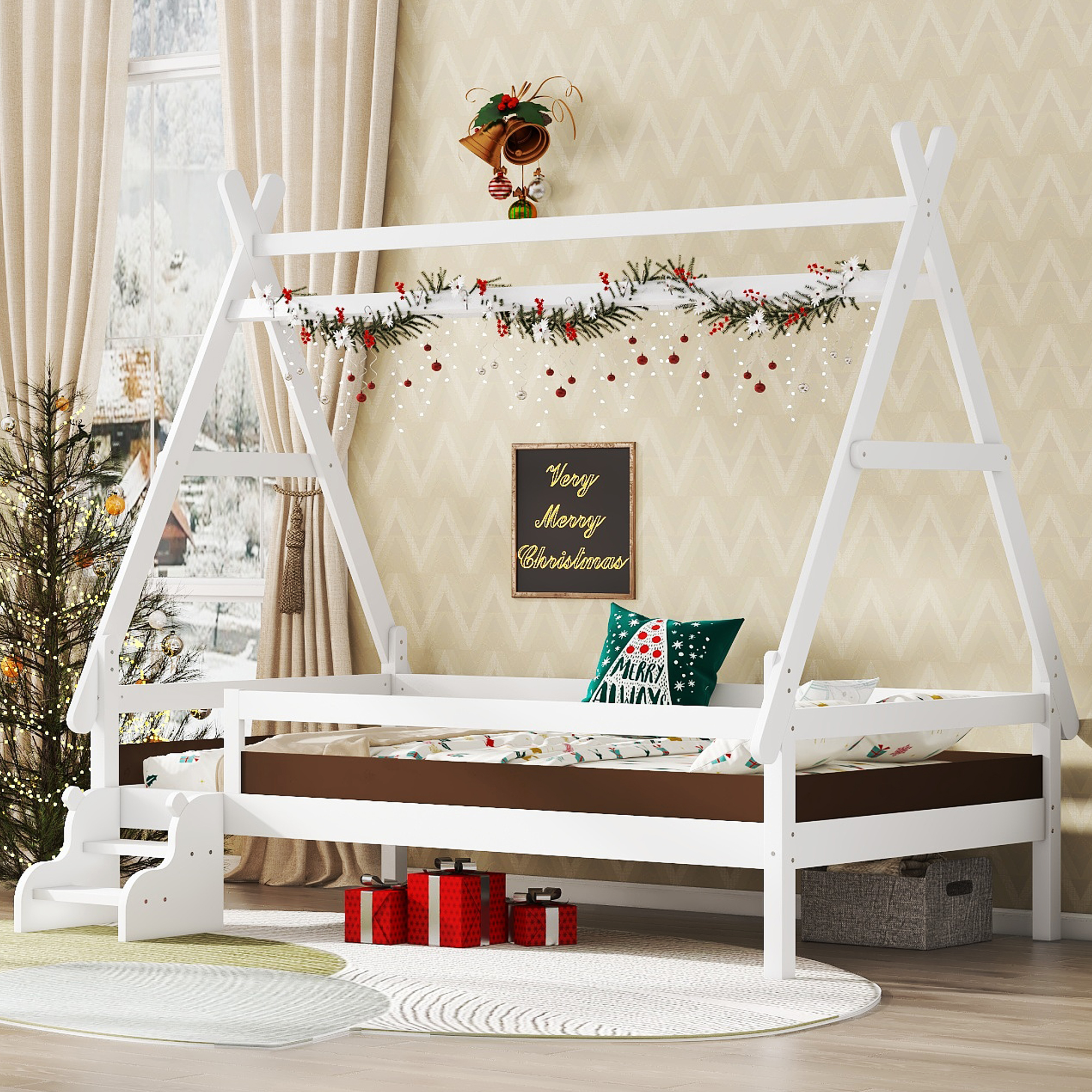 Twin House Platform Bed with Stairs, Solid Wood Twin Bed Frame, Low Profile and Childlike Fun Design, White - Image 1