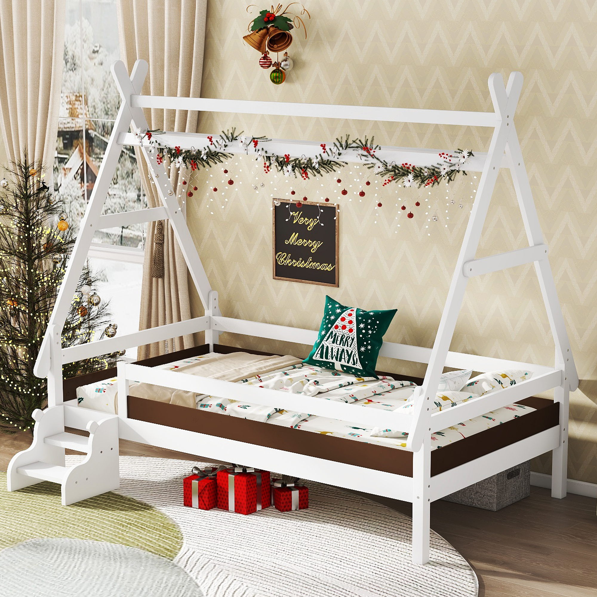 Twin House Platform Bed with Stairs, Solid Wood Twin Bed Frame, Low Profile and Childlike Fun Design, White - Image 2