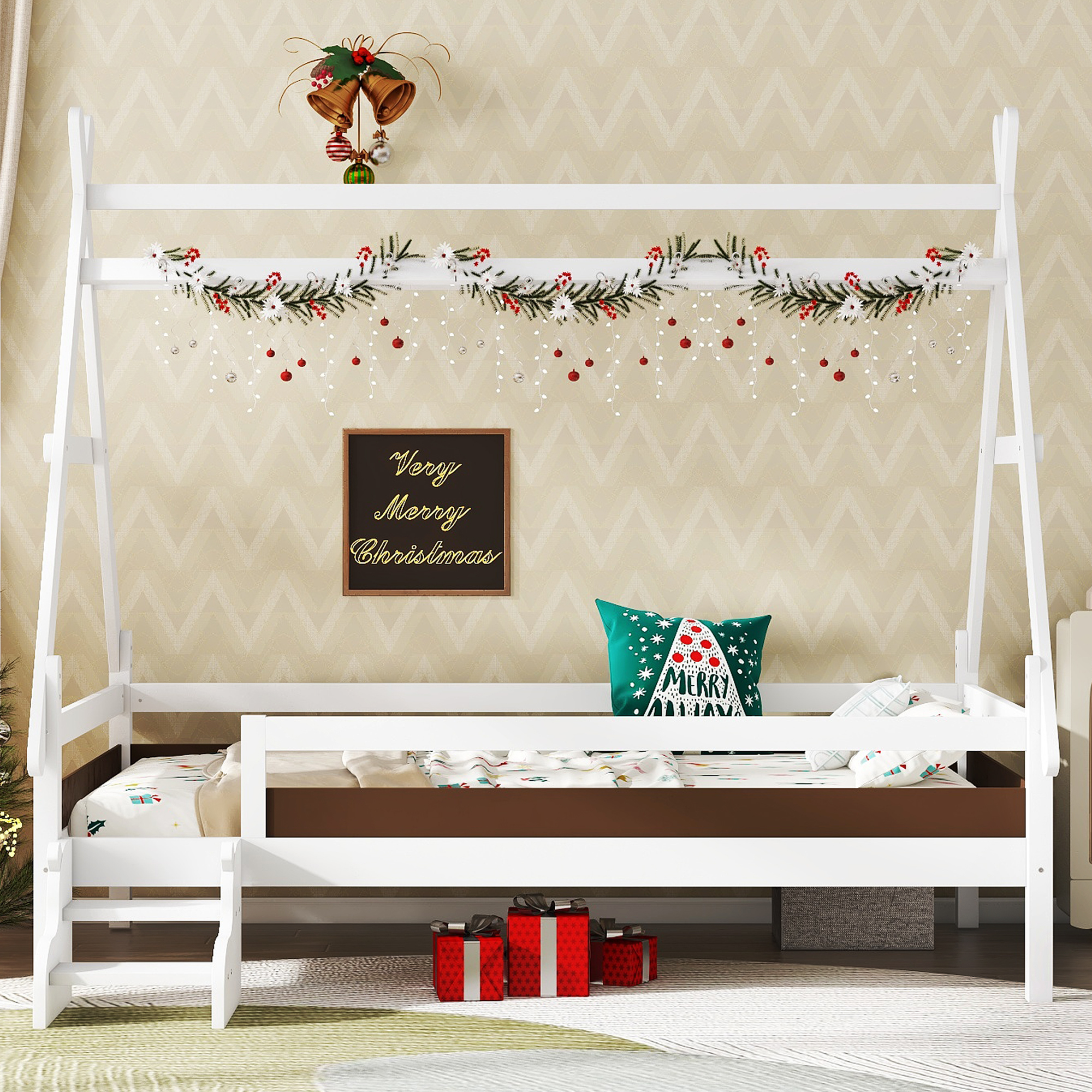 Twin House Platform Bed with Stairs, Solid Wood Twin Bed Frame, Low Profile and Childlike Fun Design, White - Image 3