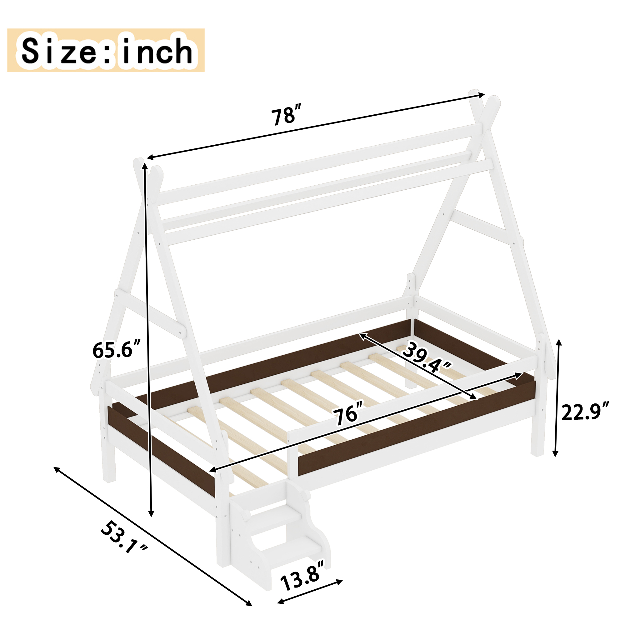 Twin House Platform Bed with Stairs, Solid Wood Twin Bed Frame, Low Profile and Childlike Fun Design, White - Image 4