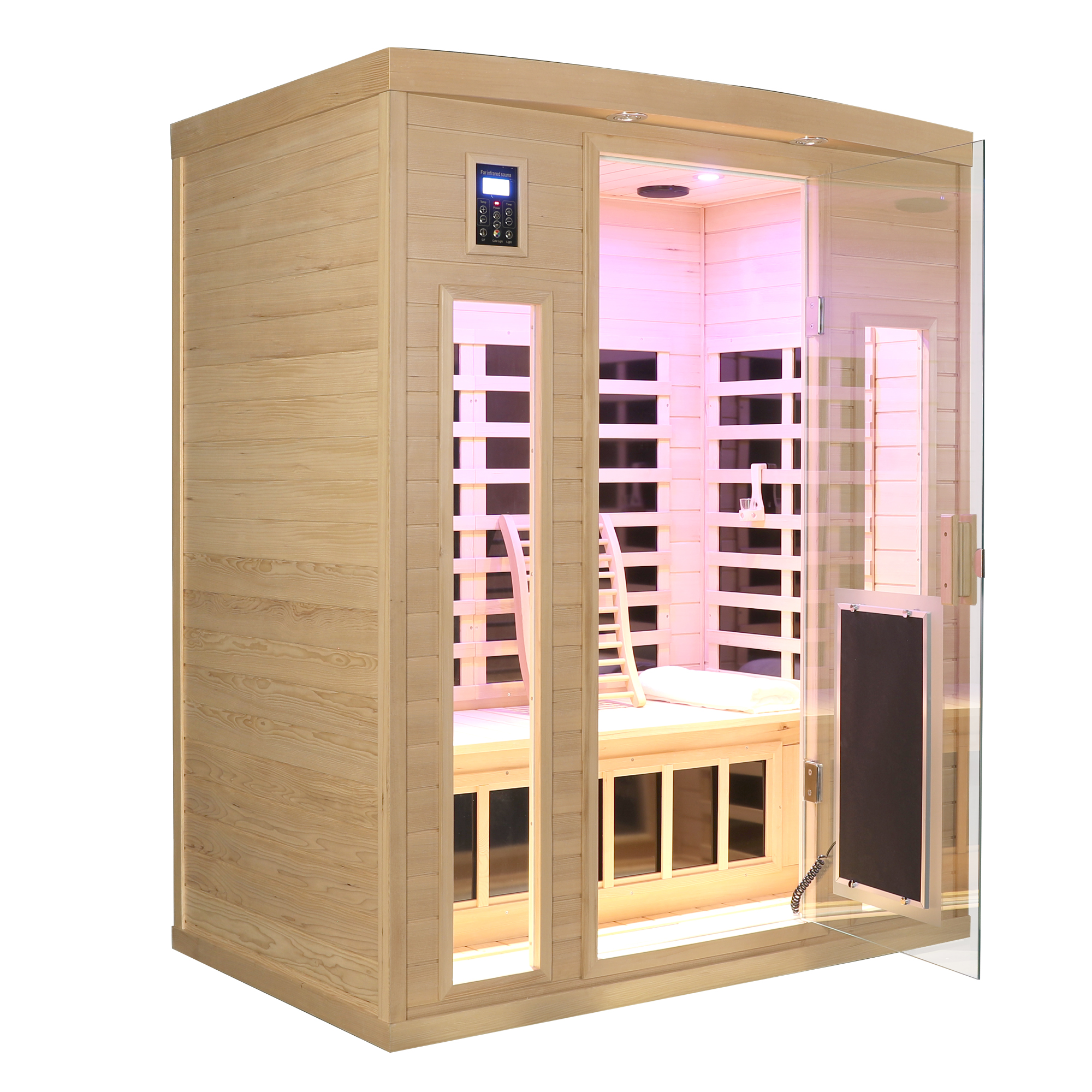 Low EMF, There is also a heating plate on the glass door, Hemlock wood Far-infrared indoor Three person sauna room - Image 2
