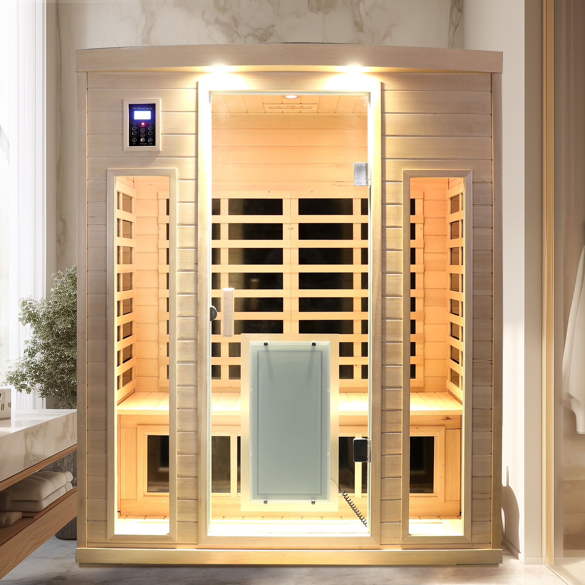 Low EMF, There is also a heating plate on the glass door, Hemlock wood Far-infrared indoor Three person sauna room - Image 4