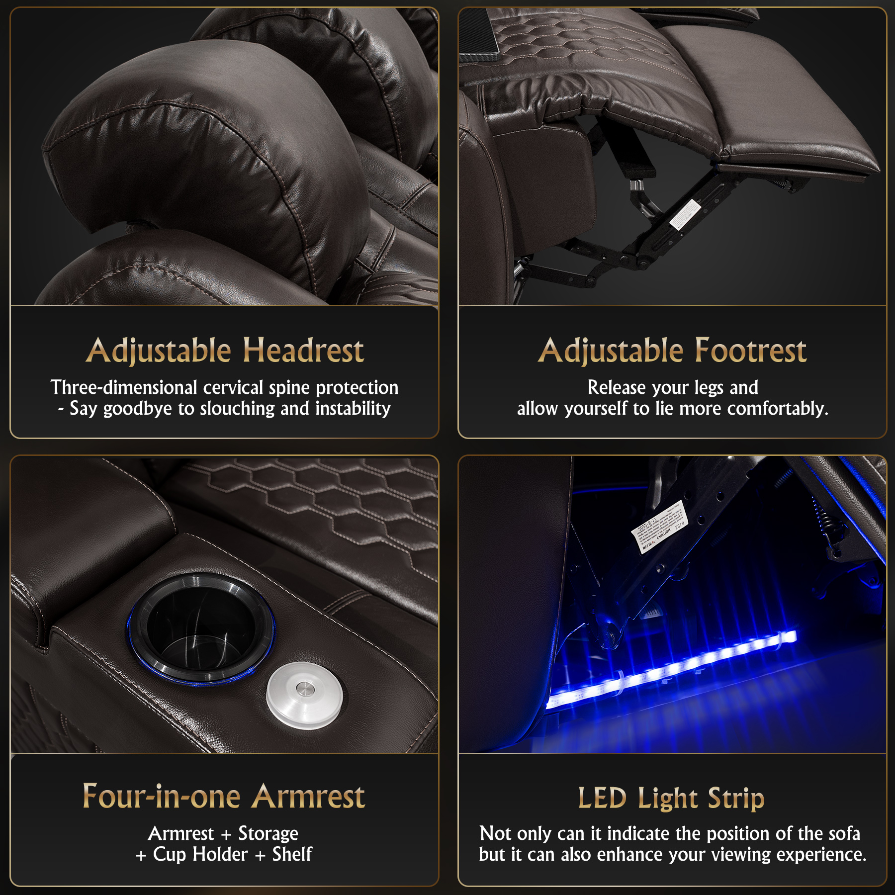 124.4"Power Recliner 4 PC Made WithTop-Grain Nappa,Fully Adjustable Relaxation,Smart Charging,Dynamic RGB LED Lighting,COFFEE - Image 5