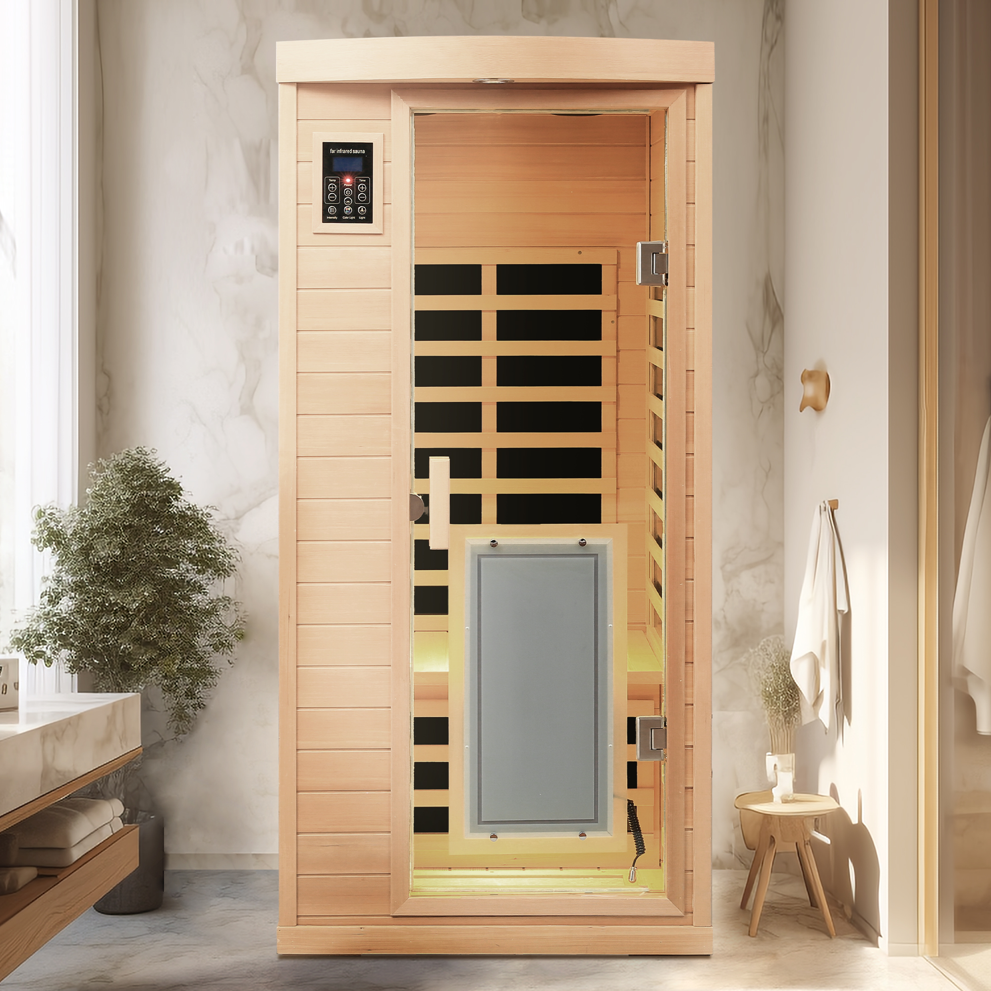Low EMF, There is also a heating plate on the glass door, Hemlock wood Far-infrared indoor One person sauna room - Image 2