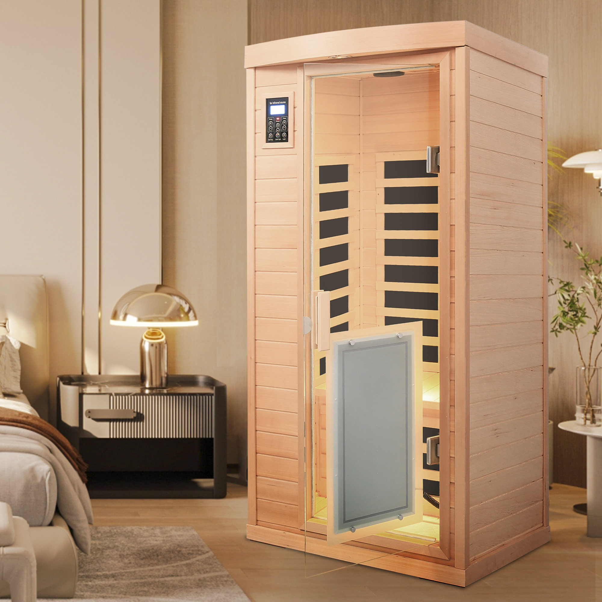 Low EMF, There is also a heating plate on the glass door, Hemlock wood Far-infrared indoor One person sauna room - Image 4
