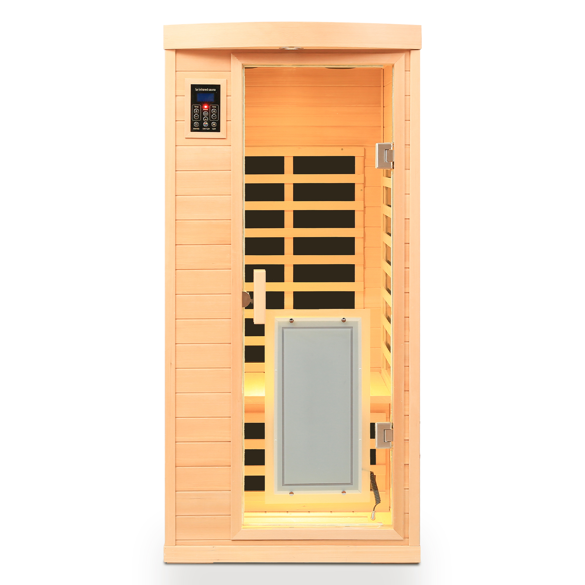 Low EMF, There is also a heating plate on the glass door, Hemlock wood Far-infrared indoor One person sauna room - Image 6