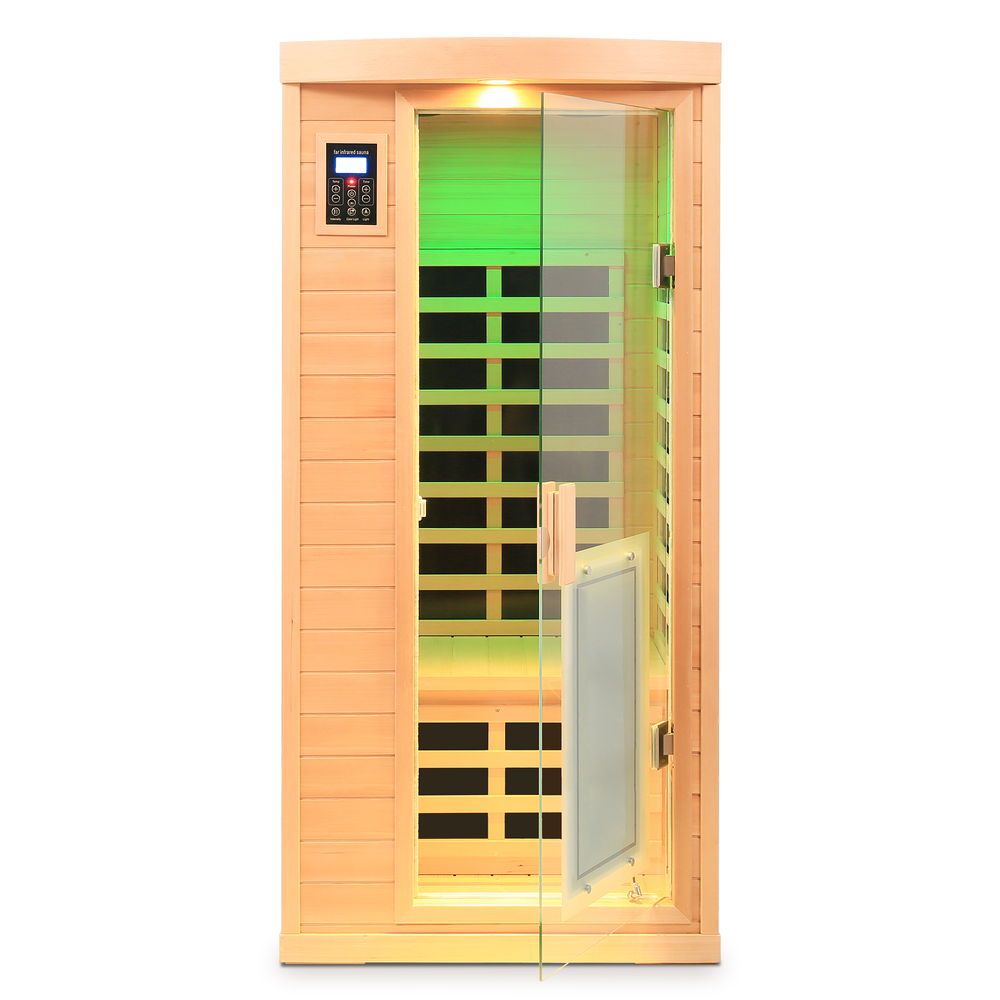 Low EMF, There is also a heating plate on the glass door, Hemlock wood Far-infrared indoor One person sauna room - Image 5