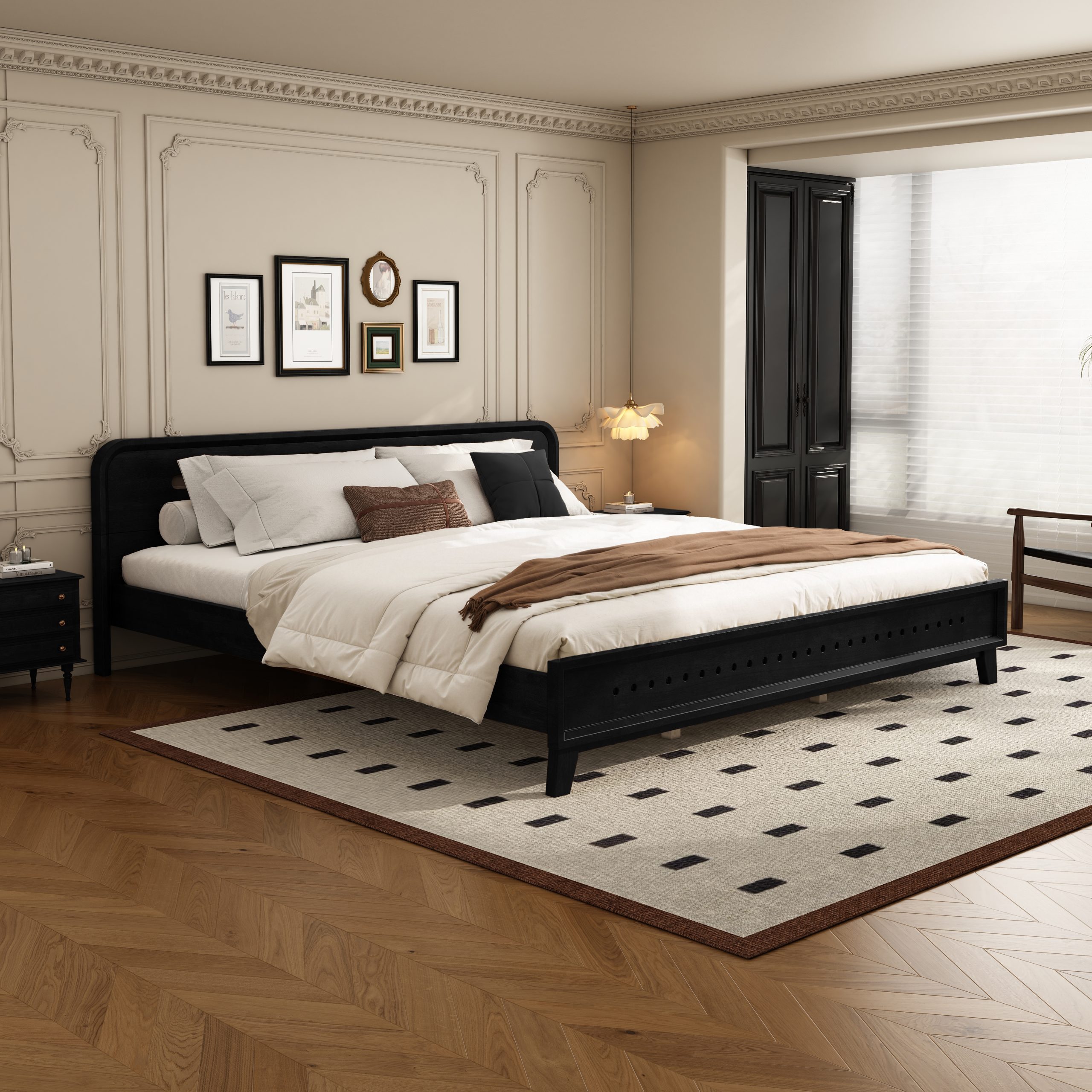 PINE SOLID WOOD KING SIZE BED, SOLID AND STABLE, NO BOX SPRING NEEDED, BLACK COLOR - Image 1