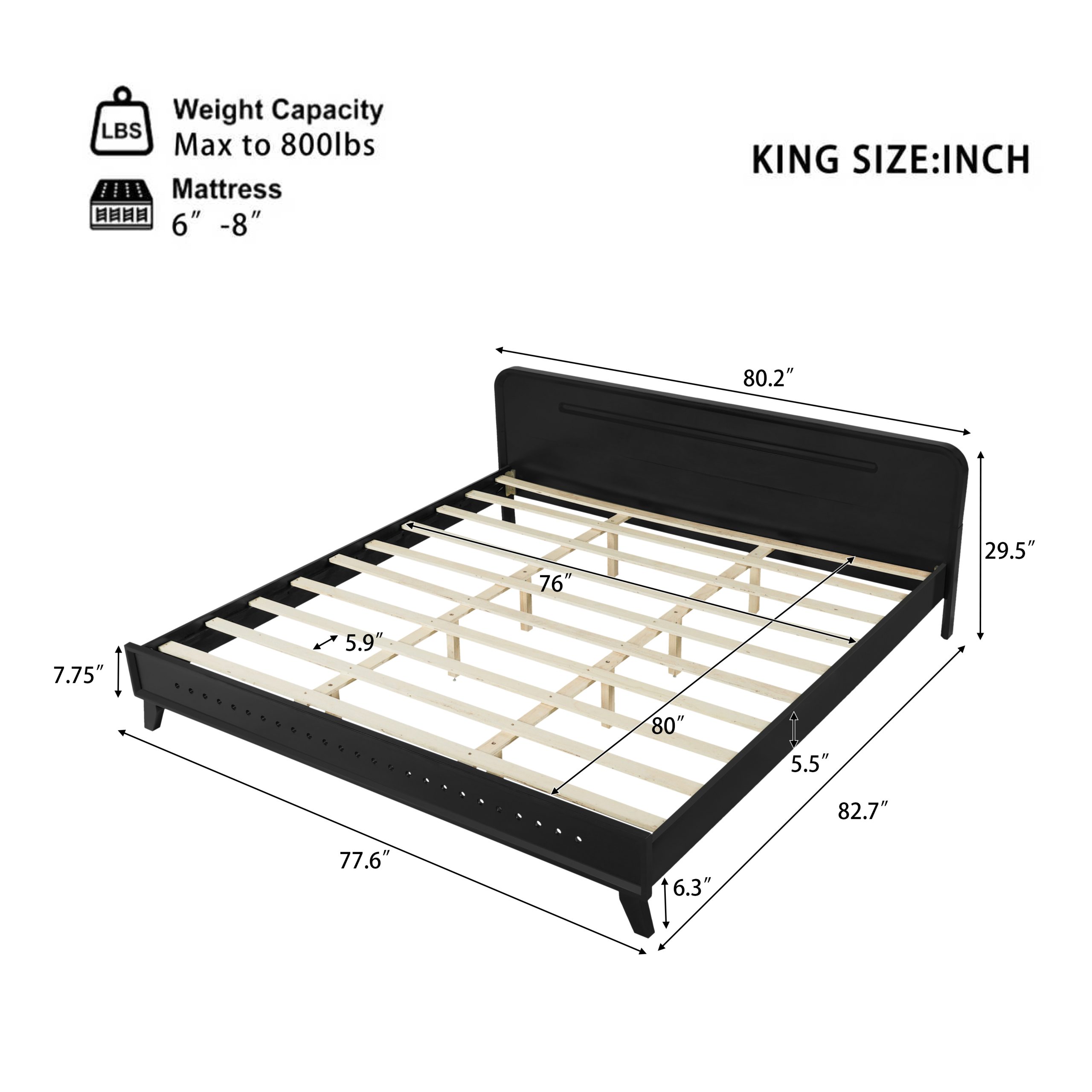 PINE SOLID WOOD KING SIZE BED, SOLID AND STABLE, NO BOX SPRING NEEDED, BLACK COLOR - Image 2