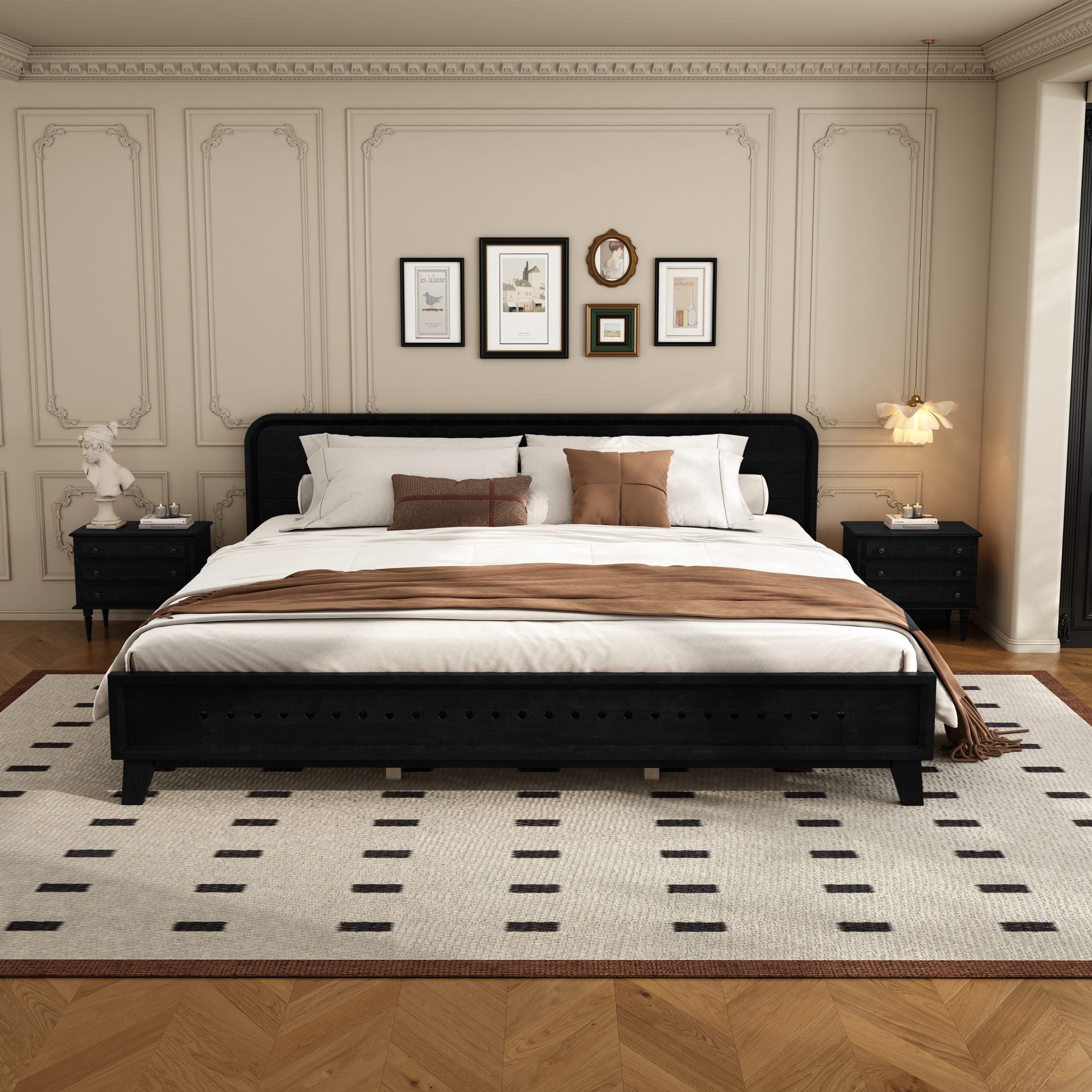PINE SOLID WOOD KING SIZE BED, SOLID AND STABLE, NO BOX SPRING NEEDED, BLACK COLOR - Image 3
