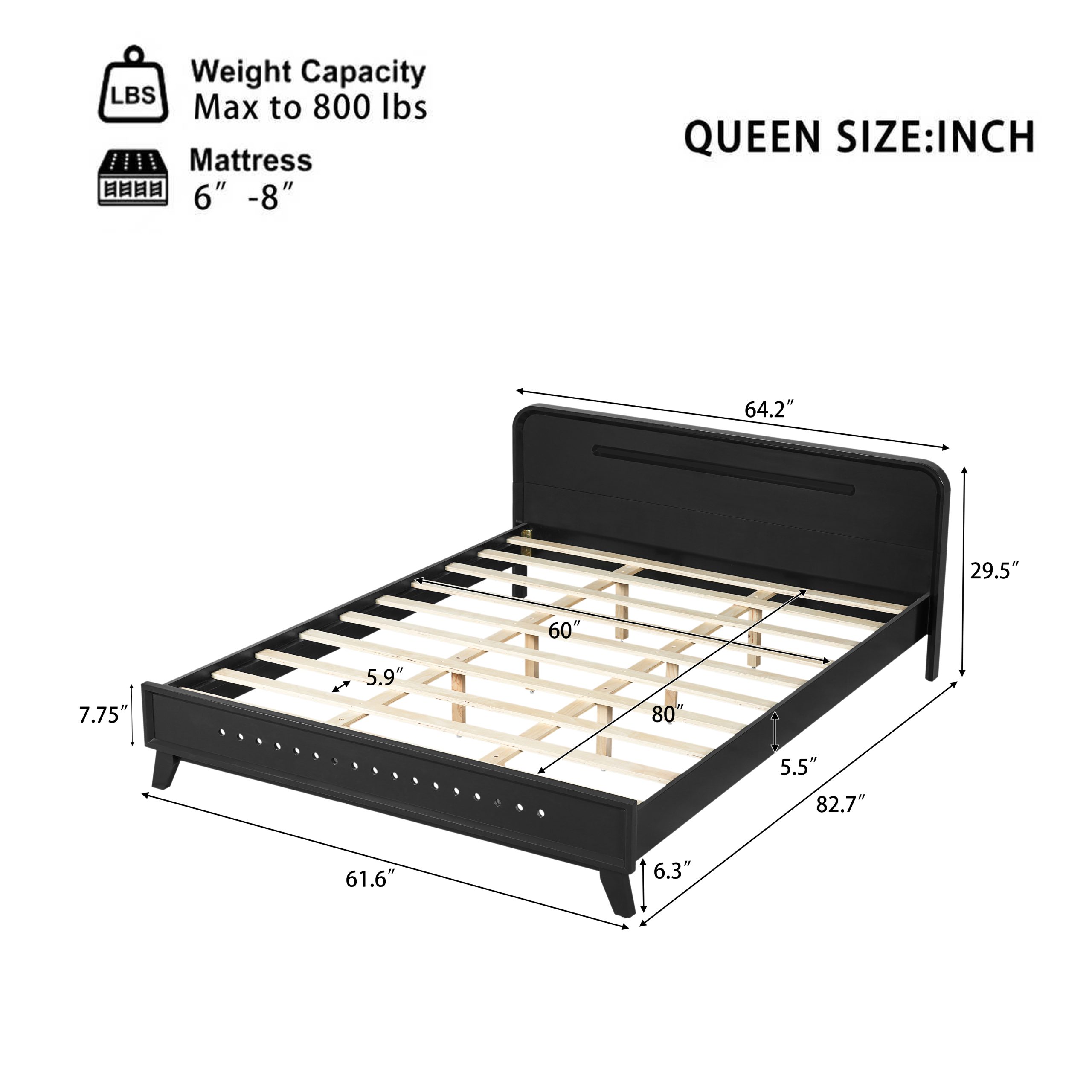 PINE SOLID WOOD QUEEN SIZE BED, SOLID AND STABLE, NO BOX SPRING NEEDED, BLACK COLOR - Image 2