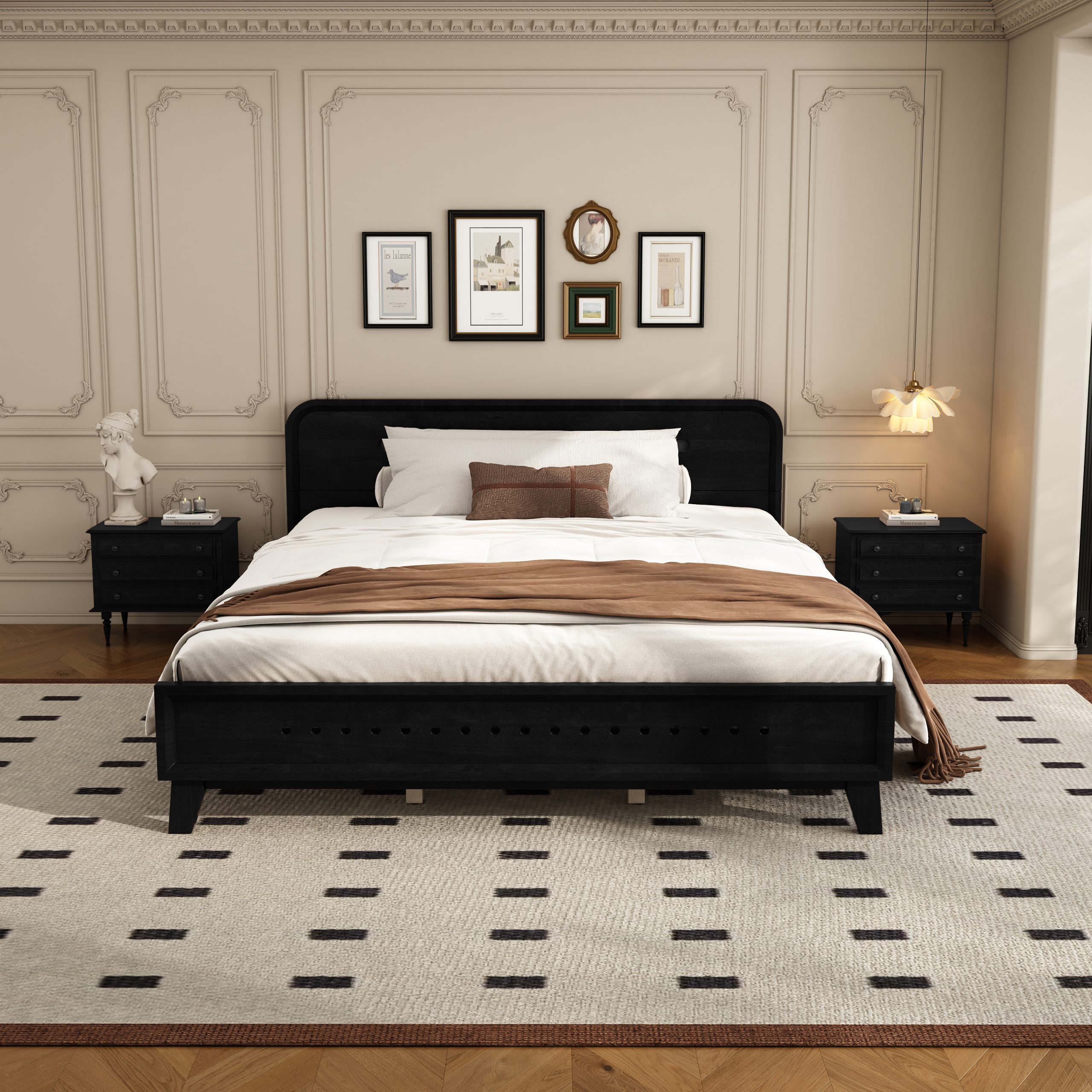 PINE SOLID WOOD QUEEN SIZE BED, SOLID AND STABLE, NO BOX SPRING NEEDED, BLACK COLOR - Image 3