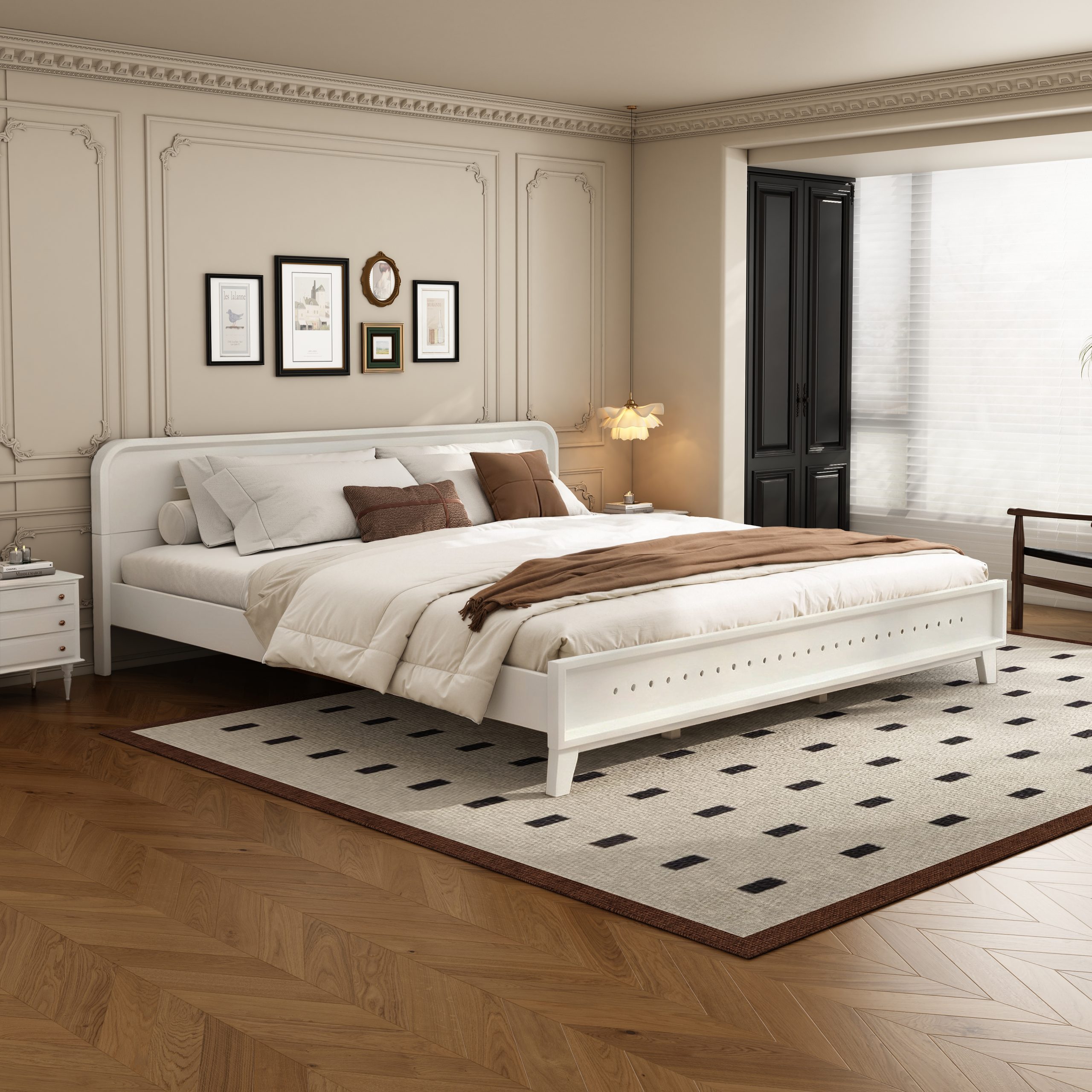 PINE SOLID WOOD KING SIZE BED, SOLID AND STABLE, NO BOX SPRING NEEDED, WHITE COLOR - Image 1