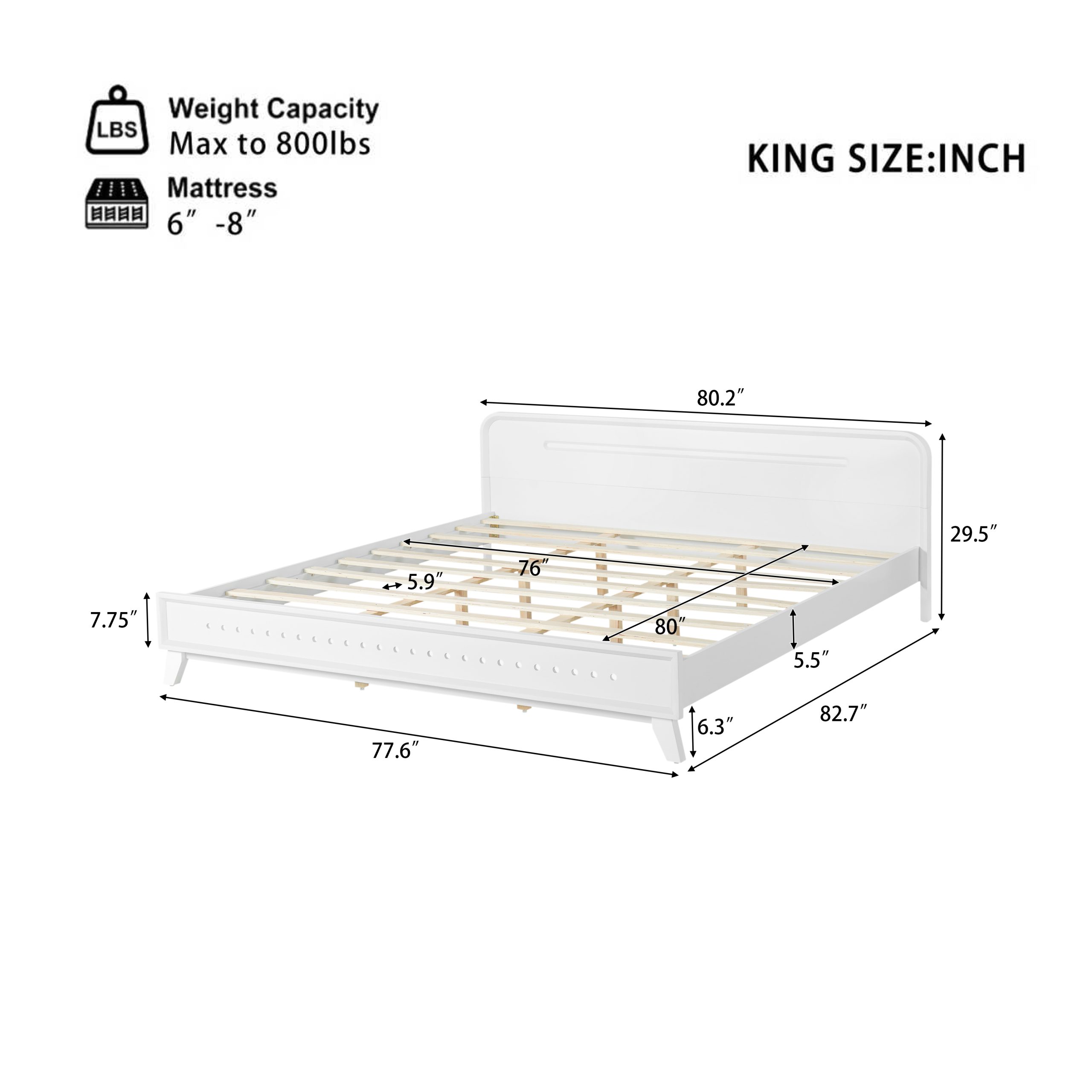 PINE SOLID WOOD KING SIZE BED, SOLID AND STABLE, NO BOX SPRING NEEDED, WHITE COLOR - Image 2