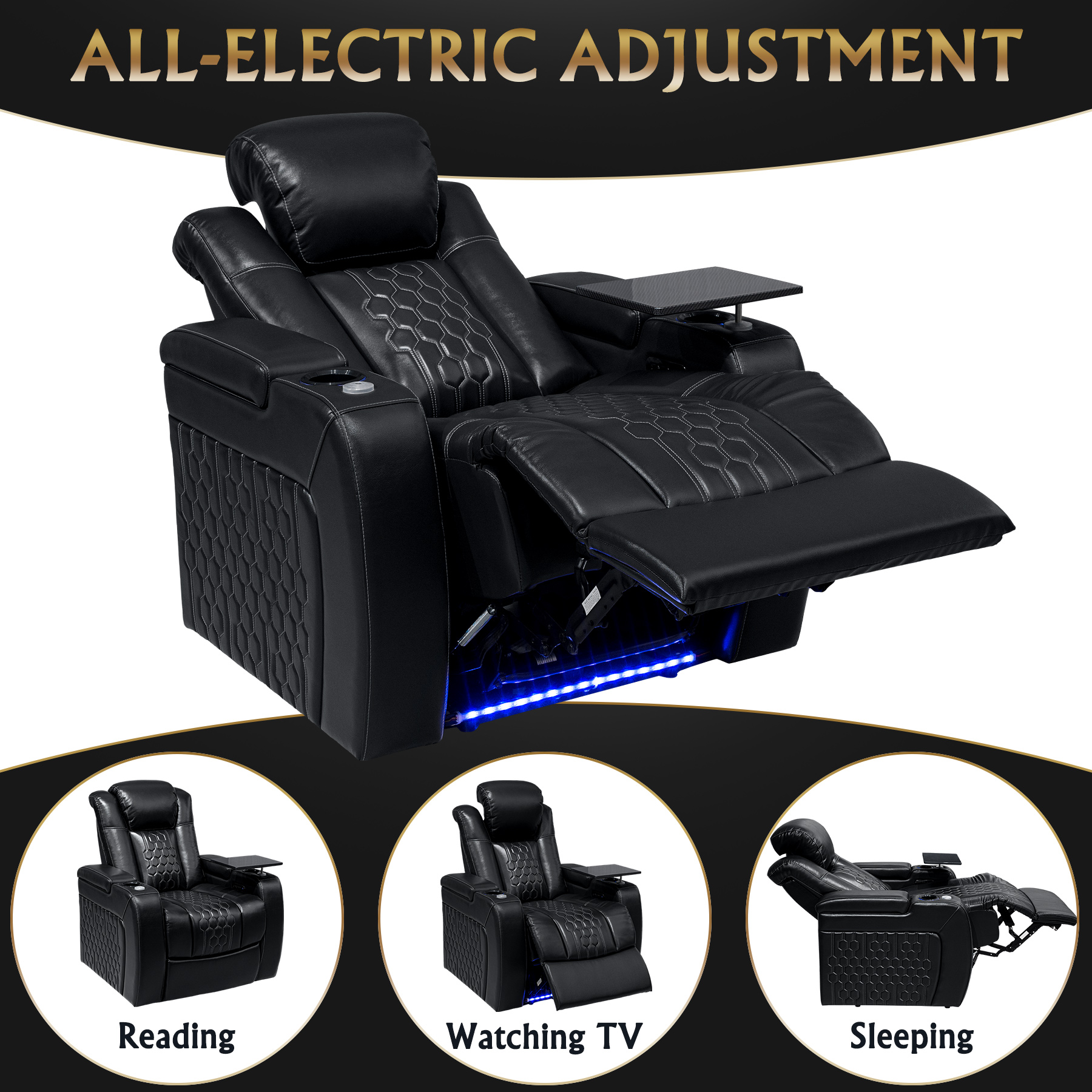 37.8"Power Recliner 1 PC Made WithTop-Grain Nappa,Fully Adjustable Relaxation,Smart Charging,Dynamic RGB LED Lighting,BLACK - Image 5