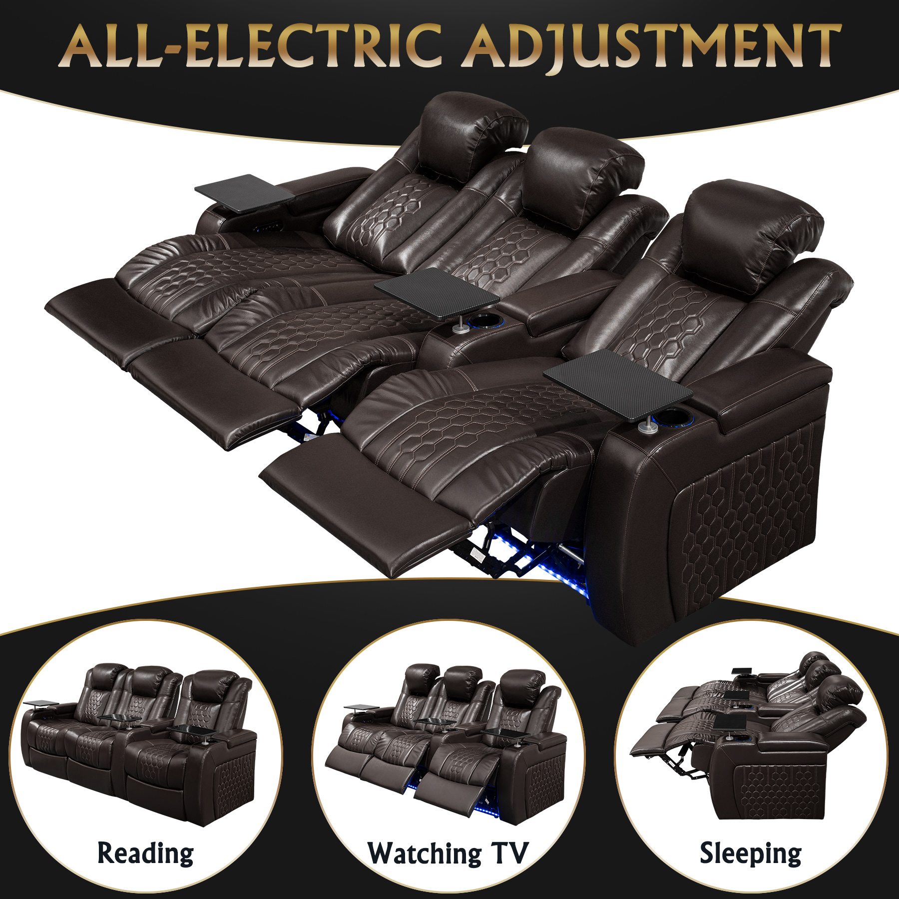 93.3"Power Recliner 3 PC Made WithTop-Grain Nappa,Fully Adjustable Relaxation,Smart Charging,Dynamic RGB LED Lighting,COFFEE - Image 5